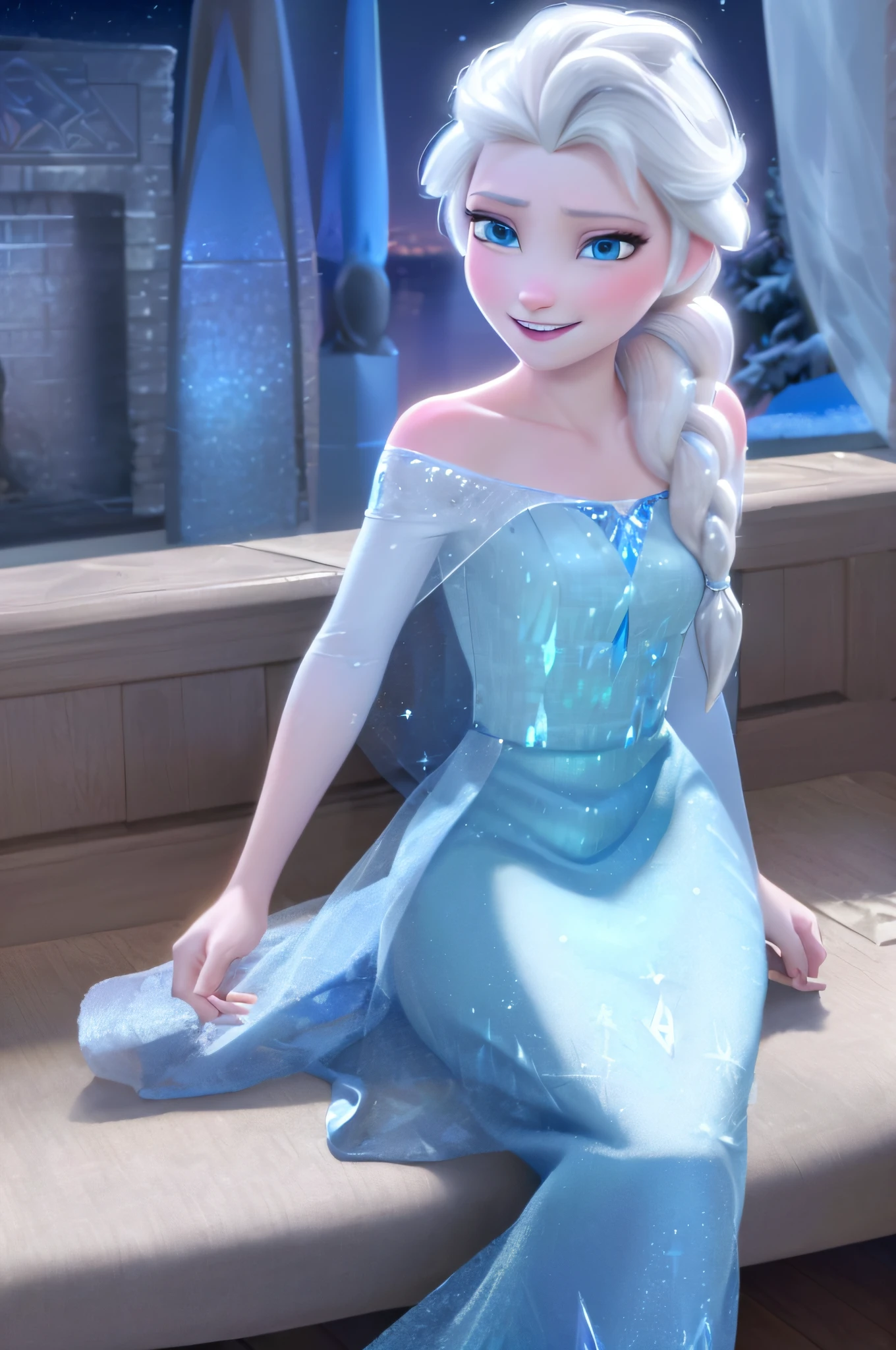 (masterpiece:1.4),(best qualit:1.4),(high resolution:1.4),elsa of arendelle, blue ice dress, single braid ,sitting,single braid,(looking at viewer:1.1),(night:1.2),couch,fireplace,smile,1girl,solo,solo focus,