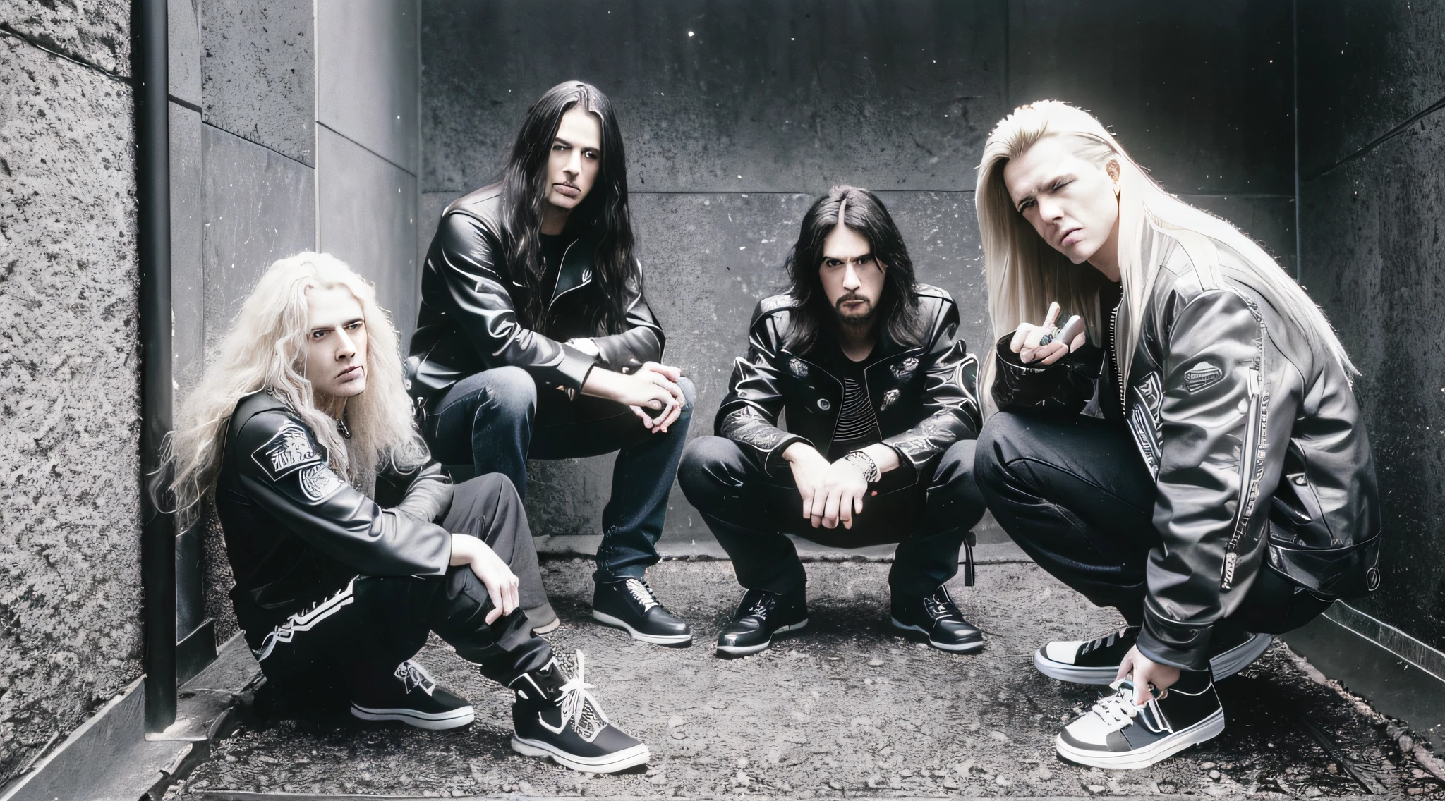 best quality, ultra high resolution, (photorealistic: 1.4), A closeup of a group of people in front of a wall, Megadeth, Dream Theater, Metallica, Caparison, Heavy Rock Band Promo Photo, Human Need Death Angel, Dio, Spelljammer, Eagles, Set on Fire, Close Up 1 9 9 0, Sandman, Perfect Circle, Scorpions, Arch Enemy, Greyscale 1 9 9 0