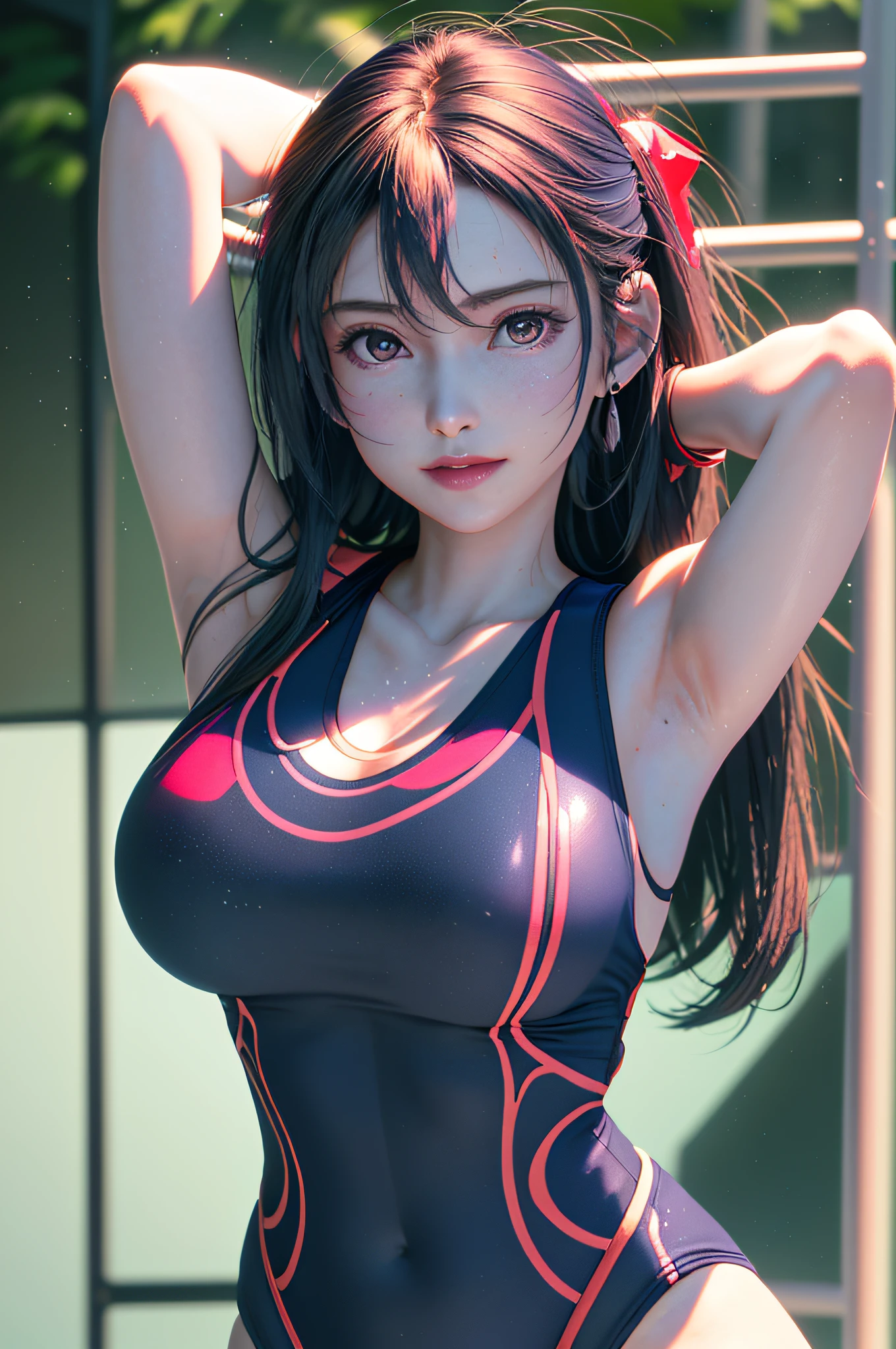1 girl, (18-year-old girl), (upper body), (gigantic breasts:1.3), upper body, (realistic:1.7), ((best quality)), absurdres, (ultra high res), (photorealistic:1.6), photorealistic, octane render, (hyperrealistic:1.2), (photorealistic face:1.2), (8k), (4k), (Masterpiece), (realistic skin texture), (illustration, cinematic lighting,wallpaper), (red eyes), (beautiful eyes:1.2), ((((perfect face)))), (standing), (looking at viewer:1.2), (smile:1.3), (cute), (long hair), (one-piece race swimsuit), (((one-piece race swimsuit color is navy blue))), (arms behind back:1.4), (red lips:1.1), outdoors,