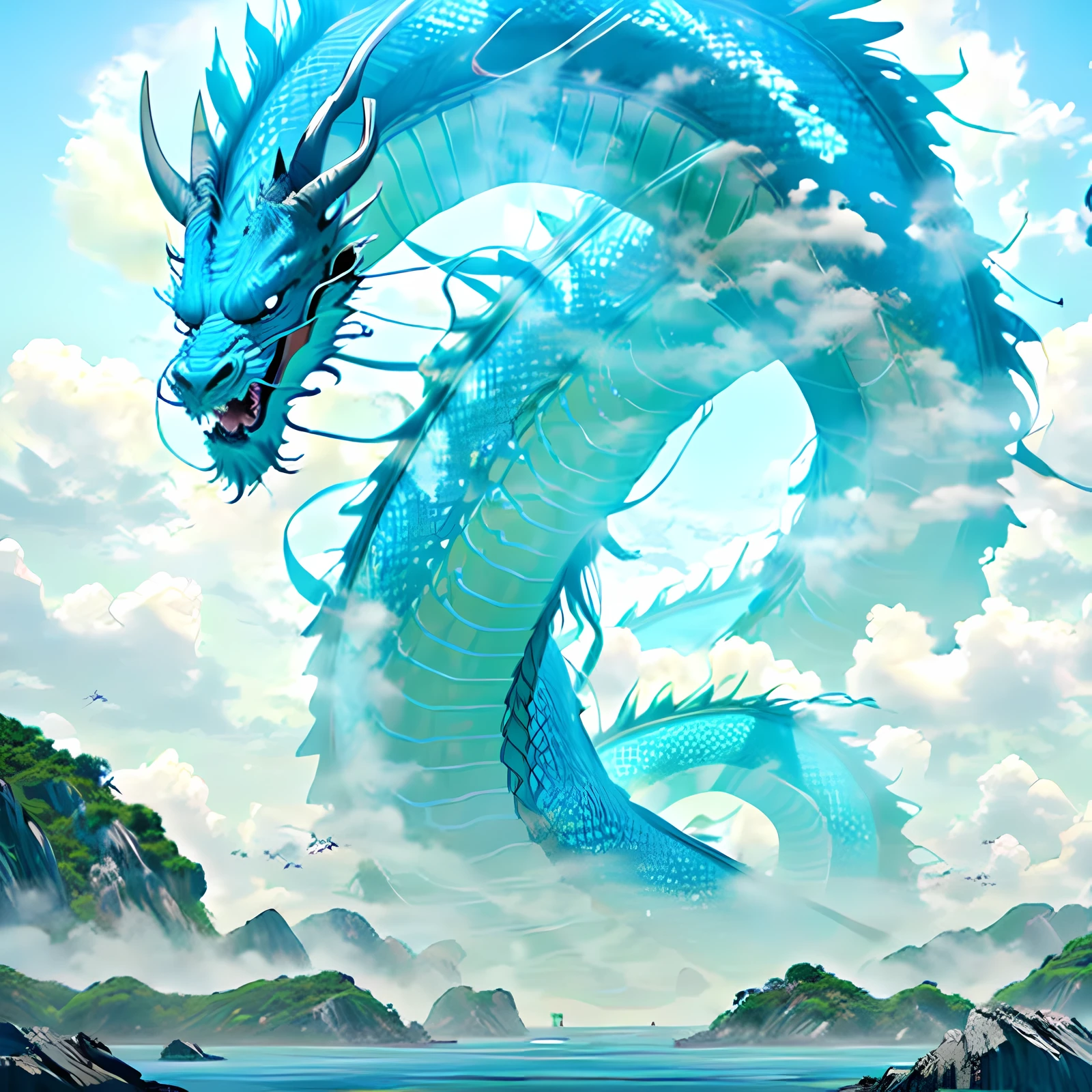 On the island, there is a cyan Chinese dragon, sea, islet, island, island, a small island, sharp teeth, 4K, super detail,