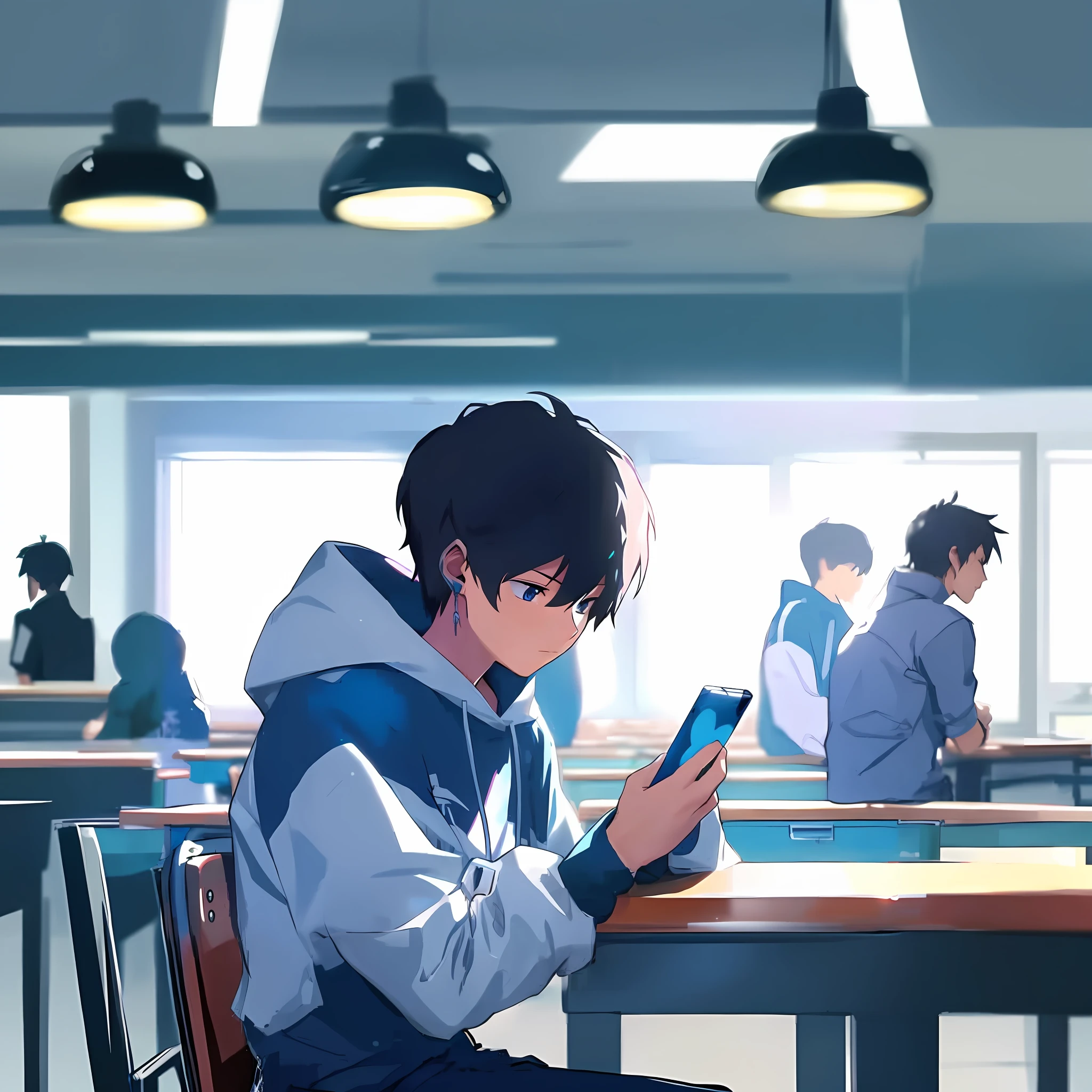 anime boy sitting at a table with a cell phone in his hand, anime art wallpaper 8 k, anime art wallpaper 4k, anime art wallpaper 4 k, modern anime style, highschool background, artwork in the style of guweiz, makoto shinkai style, looking at his phone, high quality anime artstyle, anime wallaper, anime wallpaper 4 k