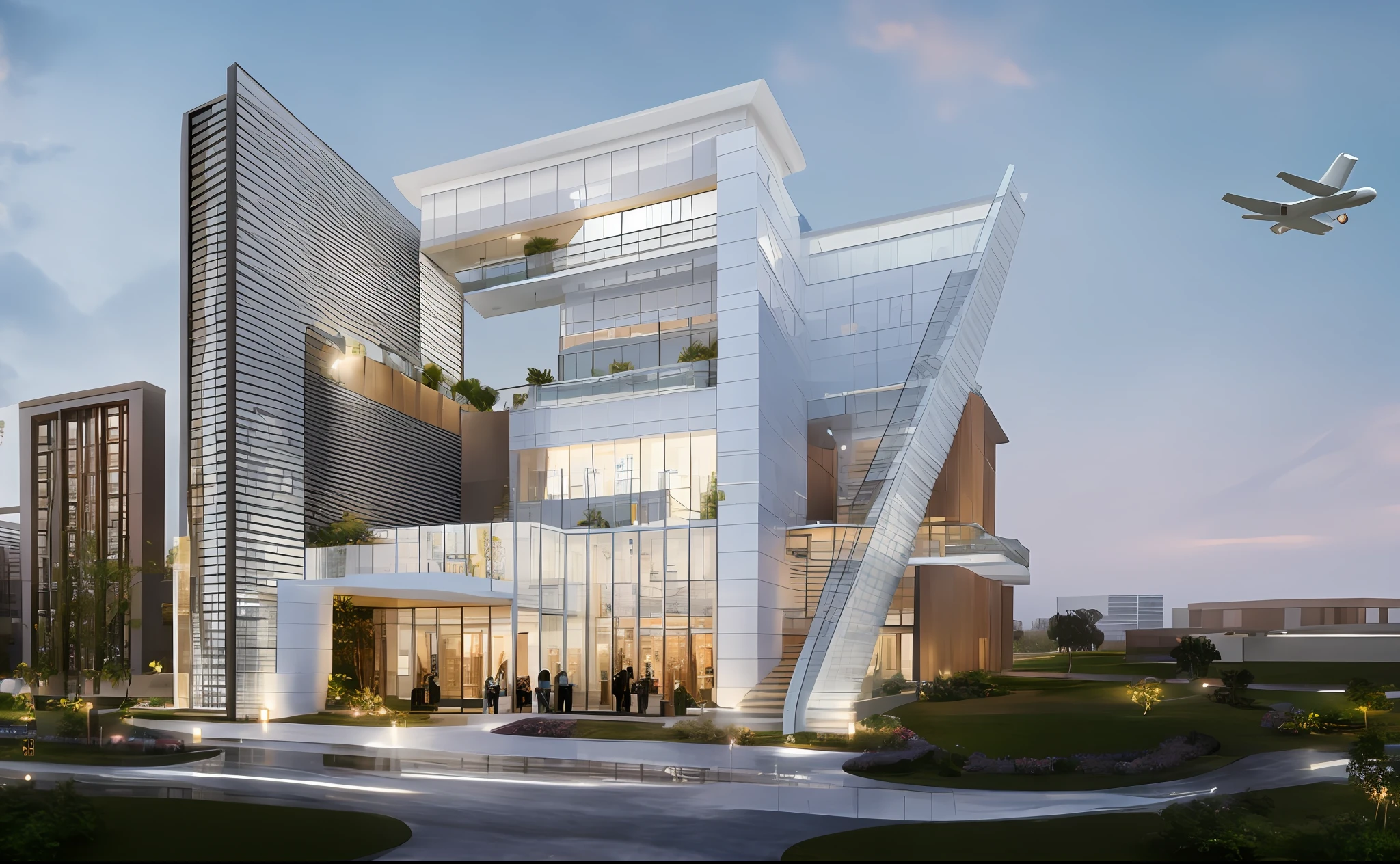 "This is the entrance of the 10-story government building at the airport. Inside, a staircase connects the first and second floors. It is a stairwell and the outside is a terrace. The terrace has lush greenery and the ceiling is wooden louvers. Five staff members are standing and talking. There are planes flying over buildings. Create spectacular wallpapers depicting buildings recreated in 3D renderings with great attention to detail and airplanes flying over them from beautiful angles. Represent a detailed view with precise projection and precise architectural concepts."