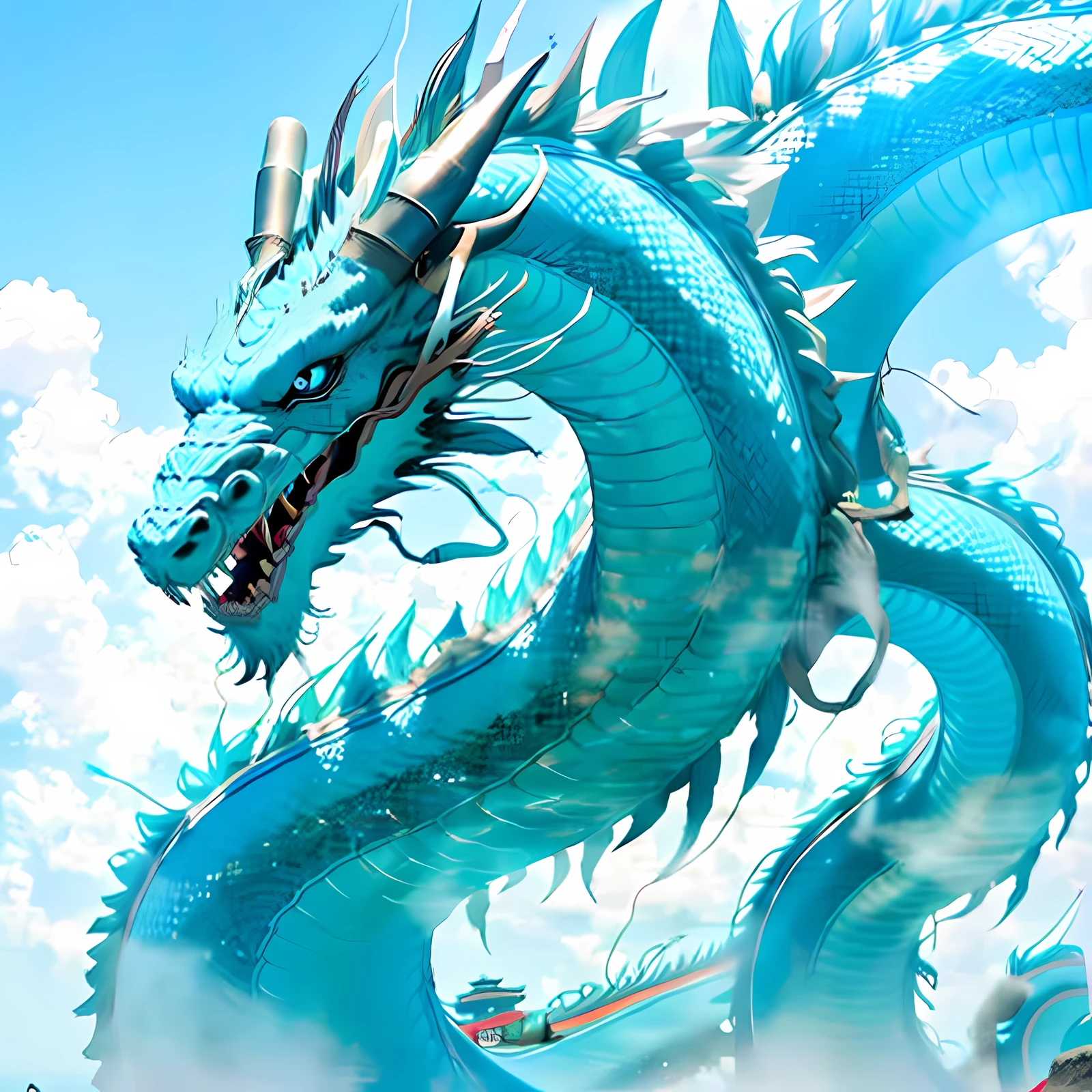 On the island, there is a cyan Chinese dragon, sea, islet, island, sharp teeth, 4K, super detail,