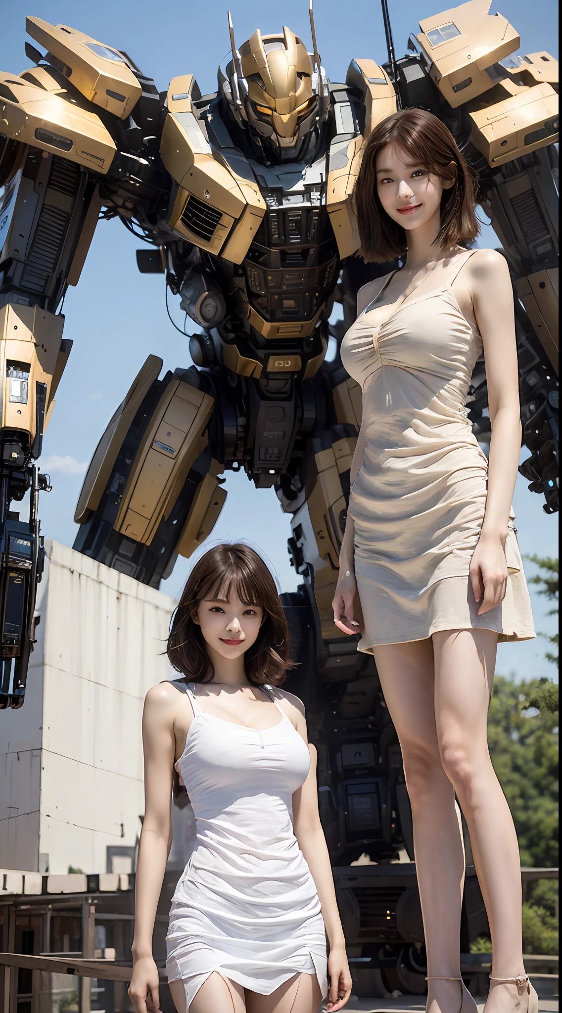 ((Best Quality, 8K, Masterpiece: 1.3)), 1girl, Slim Abs Beauty: 1.3, (Casual hairstyle, Big breasts: 1.2), Dress: 1.1, Super fine face, Delicate eyes, Double eyelids, smile, home, behind the character stands a huge mecha warrior