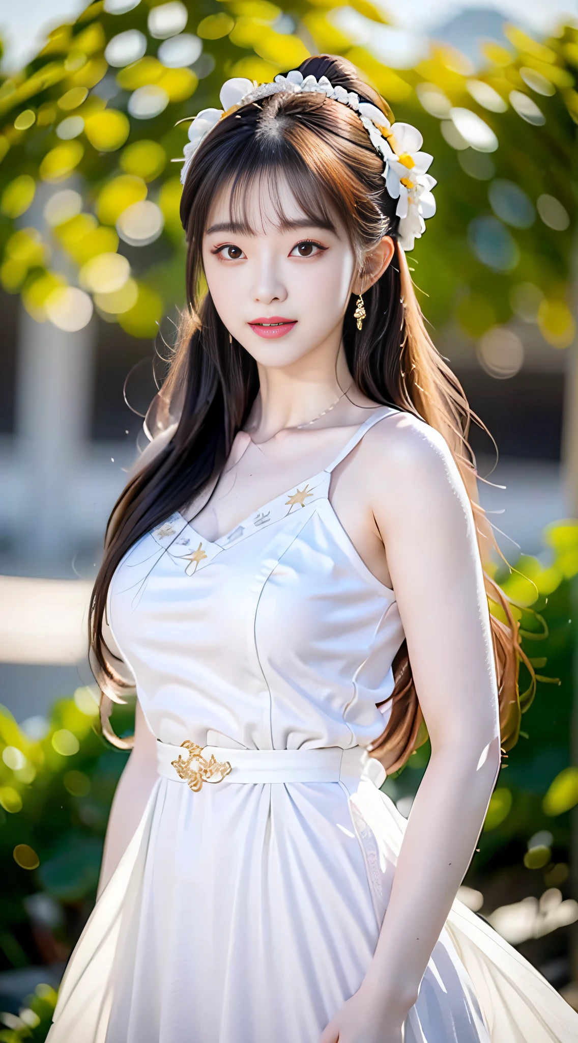 closeup on face, Face shot, (White dress :1.7), short  miko skirt, Long streamers, blonde hairs, golden hair, (Pointed ears: 1.5), (Gold pattern quality:1.3), female pubic hair, with long blond hair, Off-the-Shoulders, Top detail CG quality 4K wallpaper, Master, A Masterpiece, portraits, The middle, Watch the footage, Beautiful Chinese-Korean mixed race idol, ((Super fine face, detailed description of facial features)), Lip biting makeup, Sweet smile, Perfect facial features, Model figure, Good complexion, the trees, branches, Golden meadow, stream, Golden leaves, Evening, Twilight, The setting sun, Twilight, autumn, twin braids, hair strand, diagonal bangs, hair ribbon, hair ornament, forehead jewel, jeweled branch of hourai, crescent hair ornament, fish hair ornament, hime cut, low ponytail, realism, god rays, sparkle, cinematic lighting, lens flare, UHD, high details, high quality, highres, best quality, 8k, 16k, high details, high quality, super detail, anatomically correct, masterpiece, ccurate