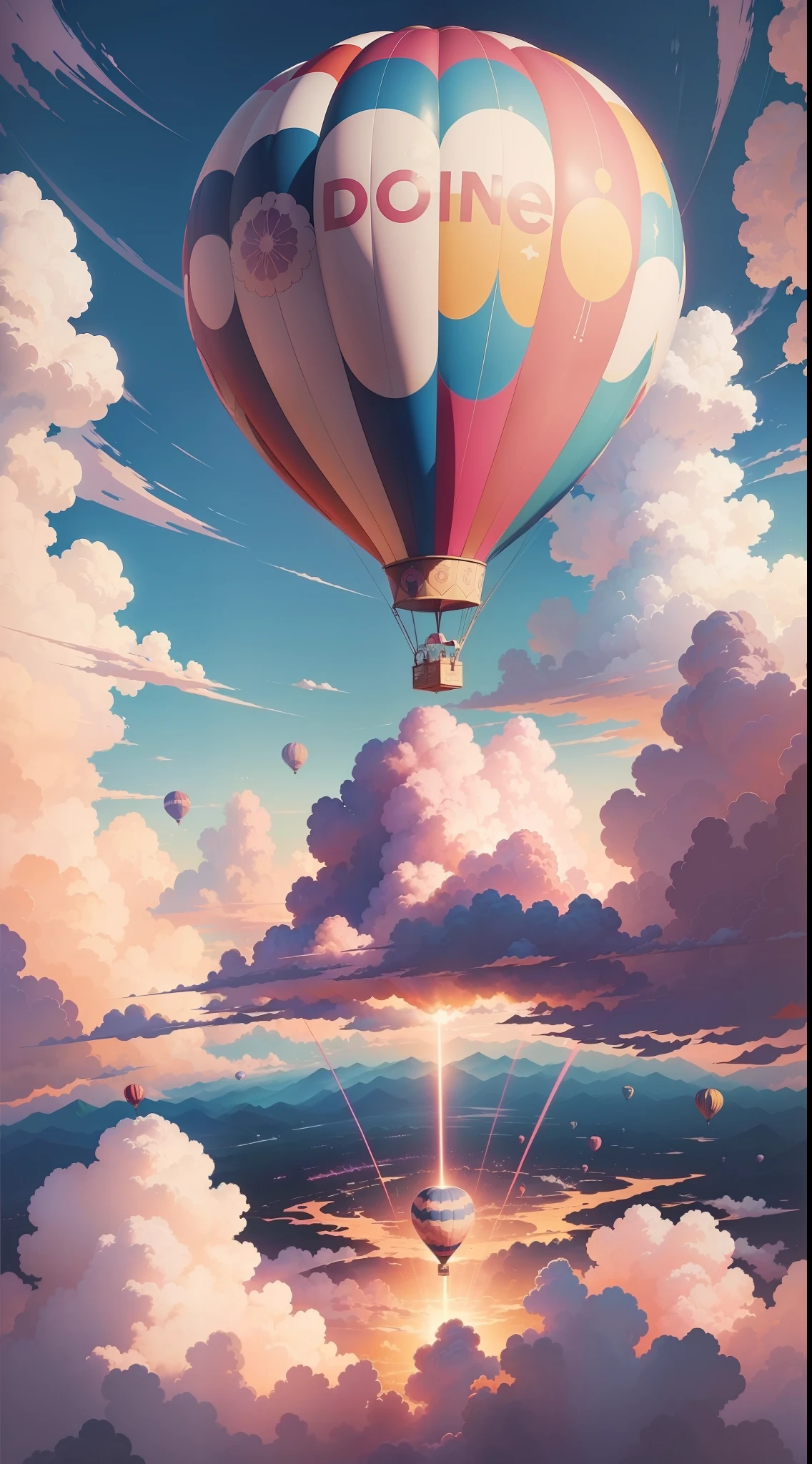 There are a lot of hot air balloons, anime clouds, anime skies, beautiful fluffy clouds in the sky. anime, anime background art, fluffy pink anime clouds, anime landscape wallpaper, clear beautiful sky, peaceful clouds, bright clouds, beautiful anime landscape, sky background --auto --s2