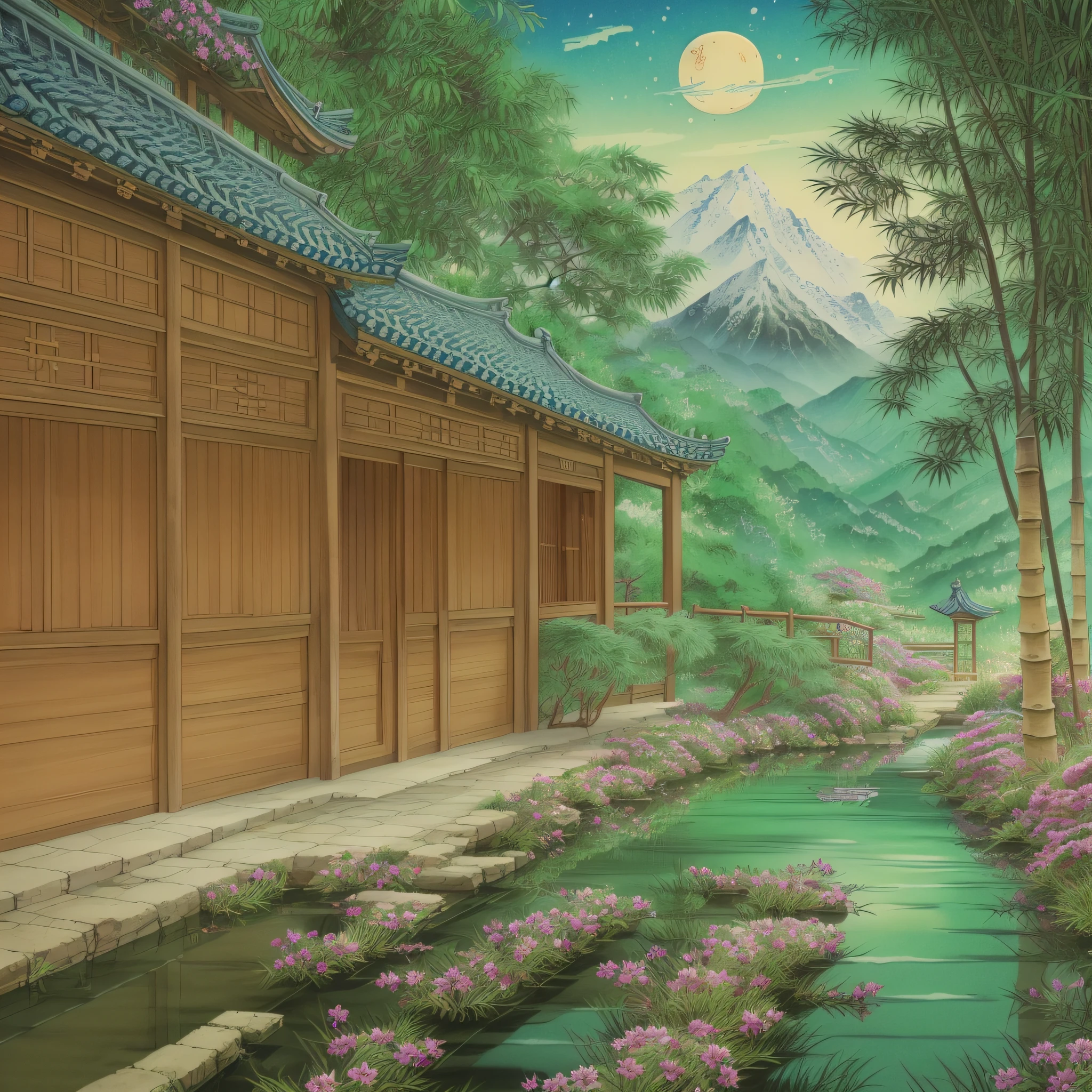 (exquisite Chinese ink painting, high quality, picturesque), (calm and peaceful, peaceful atmosphere), cottage surrounded by mountains, (Wind Ringtone: 1.2, Brilliant Sun and Full Moon), (Fragrant Flowers: 1.3, Tranquil Stream), Happy Duck, (Hand in Hand Walk, Riverside Sunset), Majestic Mountain View, (Starlight: 1.1, Moonlight: 1.1, Dancing Shadow), (Drinking Tea: 1.2, Playing the Pipa with Jade Hand), (Bamboo Cup: 1.1, Drinking Tea by the Window), (Pipa Silk String: 1.3, Melodious Music), Poetic Romance --auto --s2