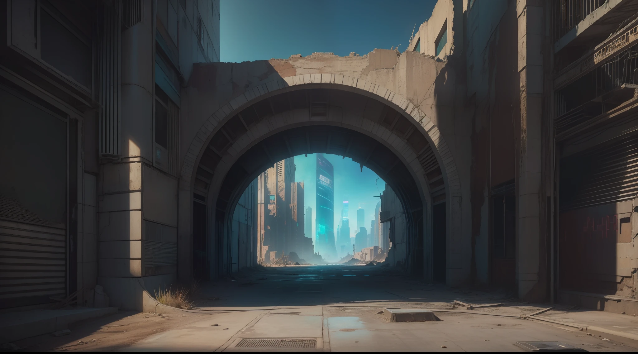 Cyberpunk city abandoned in desert ruins, vibrant, photorealistic, hyper-realism, strong impressionist painting style, 1,618, elegant, ethereal, intricate, elaborate, hyper-realism, hyper-detailed, strong expressiveness and emotionality, cinematic lighting, visual clarity