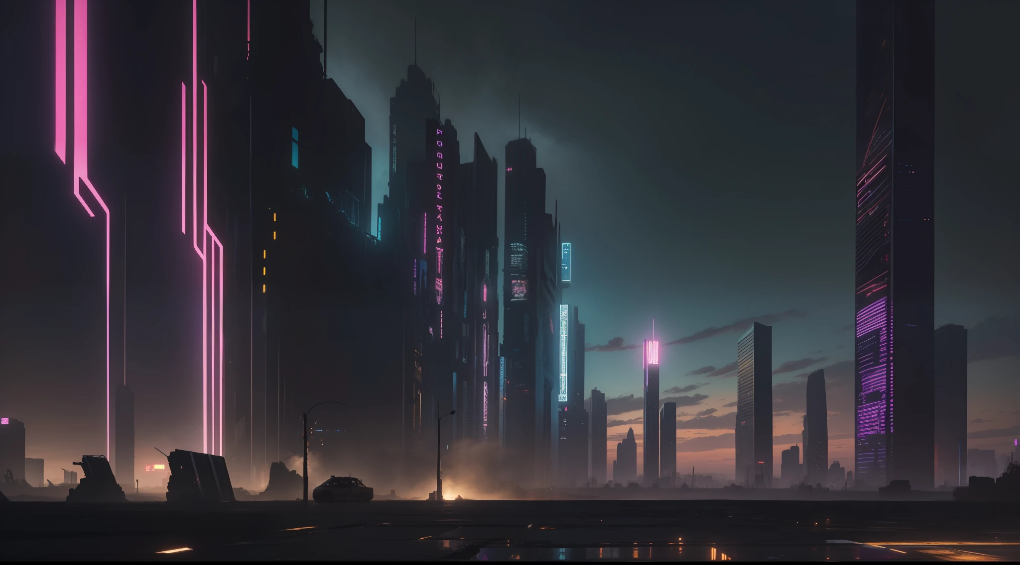Cyberpunk city abandoned in desert ruins, vibrant, photorealistic, hyper-realism, strong impressionist painting style, 1,618, elegant, ethereal, intricate, elaborate, hyper-realism, hyper-detailed, strong expressiveness and emotionality, cinematic lighting, visual clarity