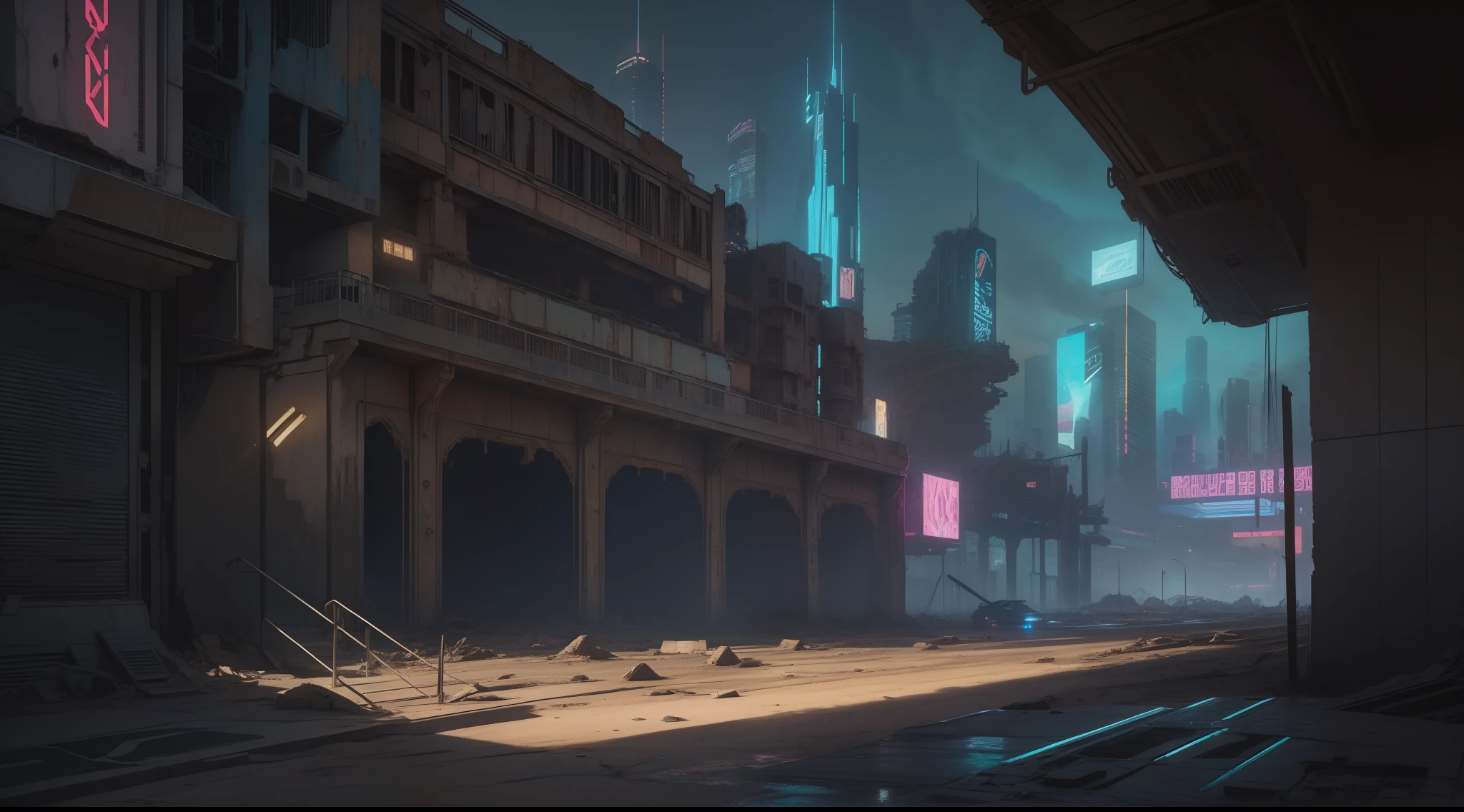 Cyberpunk city abandoned in desert ruins, vibrant, photorealistic, hyper-realism, strong impressionist painting style, 1,618, elegant, ethereal, intricate, elaborate, hyper-realism, hyper-detailed, strong expressiveness and emotionality, cinematic lighting, visual clarity