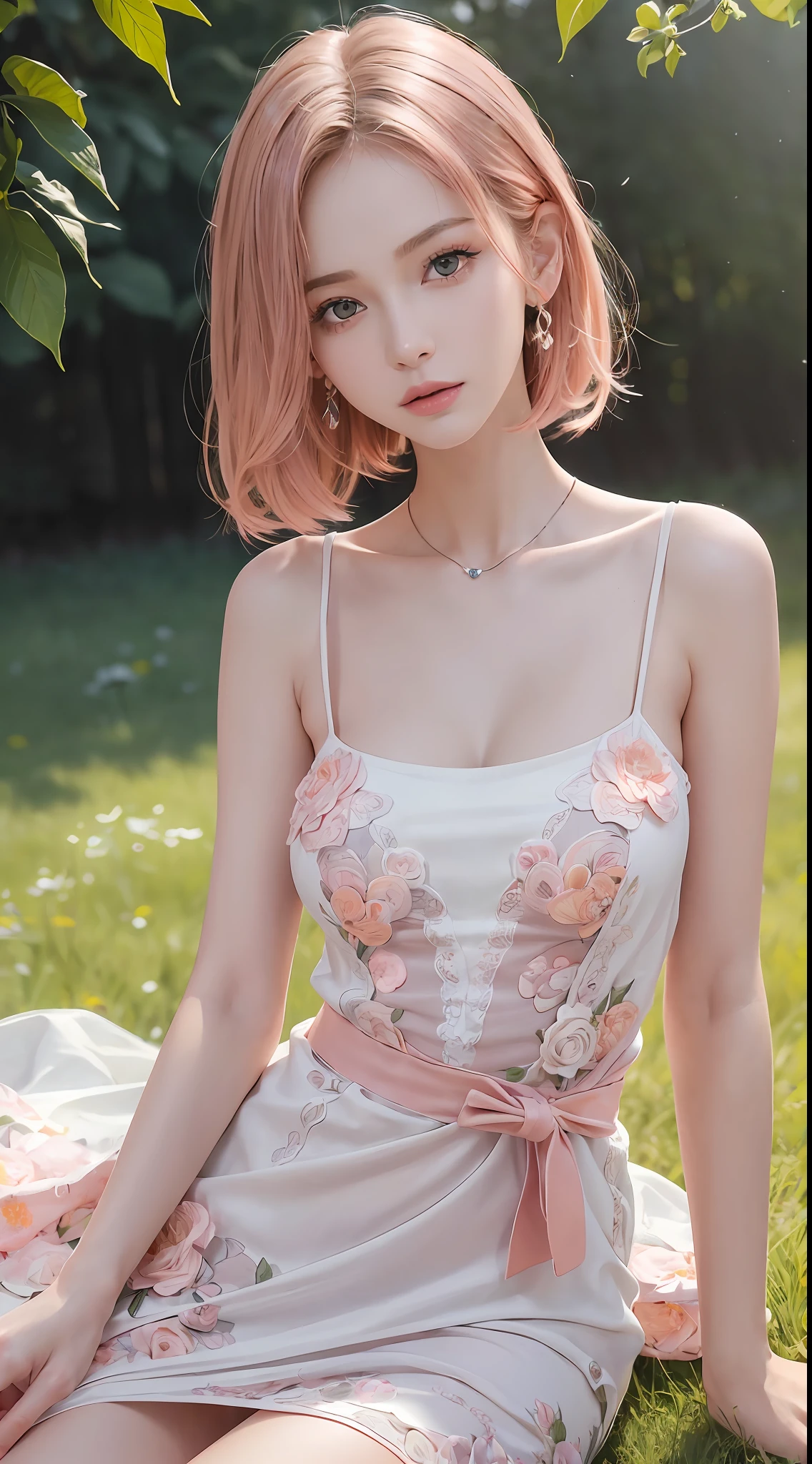 (RAW photo, high resolution, best quality, masterpiece), (realistic detailed, hyperrealism, photorealistic: 1.3), 1girl, very delicate and beautiful, beautiful detailed girl, very detailed eyes and face, beautiful detailed eyes, ((slender figure, thin waist)), cleavage, ((white camisole dress)), charming, pink shiny lips, ((swept short hair colored in orange and pink)), perfect style, (flowery meadow), extremely detailed CG unity 8k wallpaper, ultra-realistic, super detailed