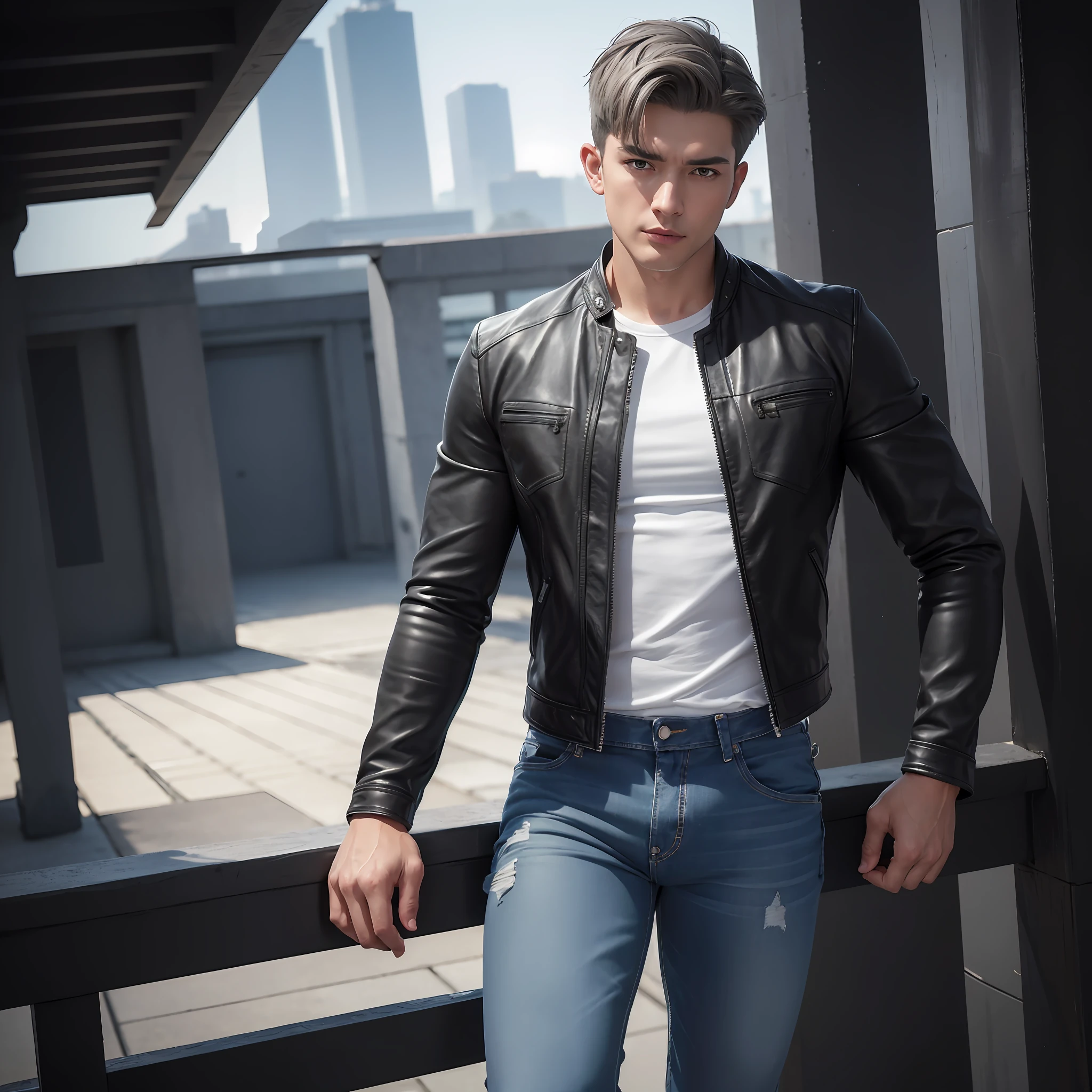 8K resolution, ultra-fine detail, fine picture, strong light tracing, masterpiece, high quality, detail light, ray tracing, 1 man, short gray hair, perfect face, blue ear drills, strong body, full body shot, leather jacket, jeans, casual shoes, in the lively racecourse, photo pose