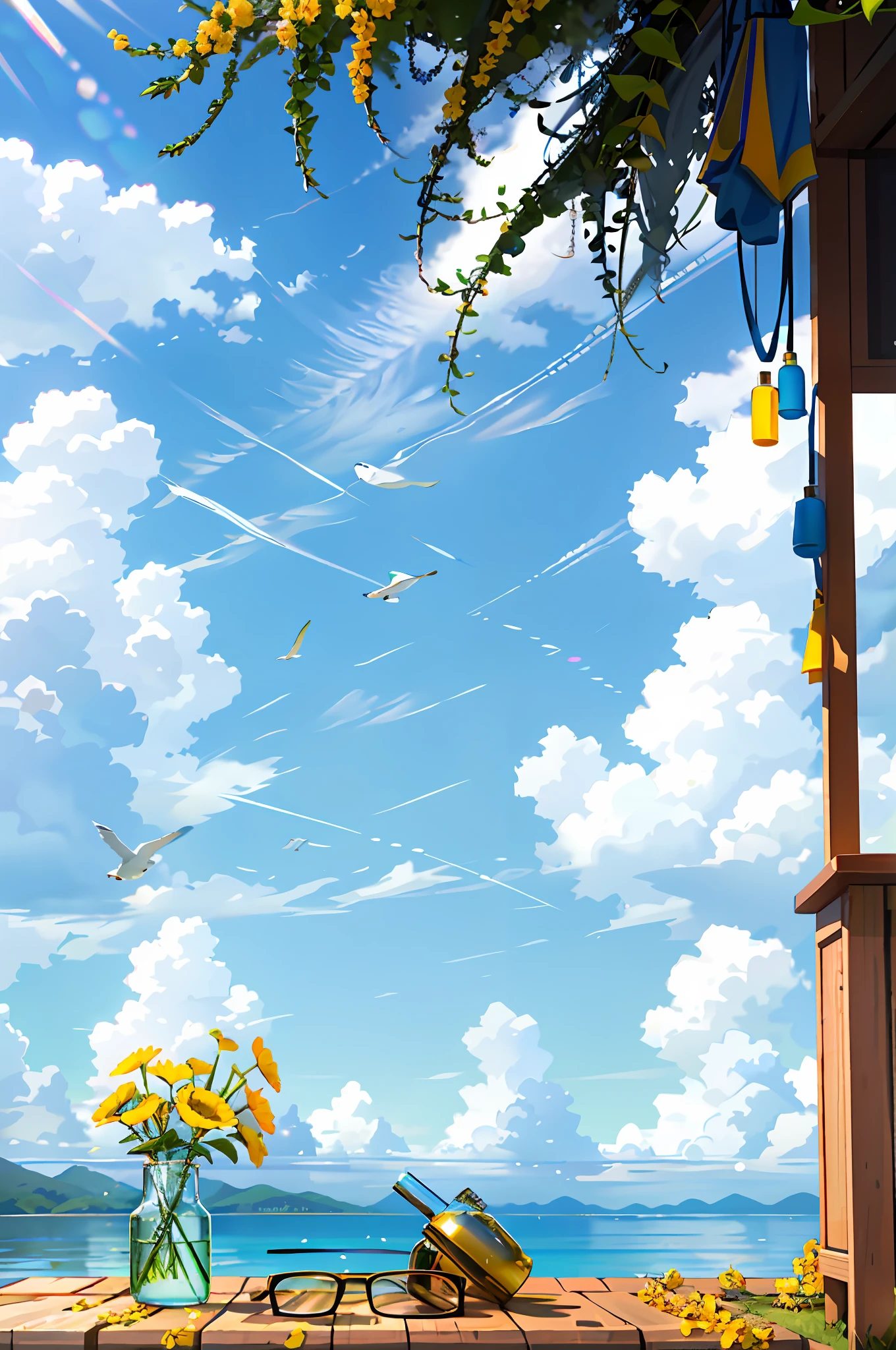 Hyper realistic scene, cosmetic bottle surrounded by yellow flowers, blue sky background, water, sunlight, low angle view, blender, product rendering, HD 8K. --v6