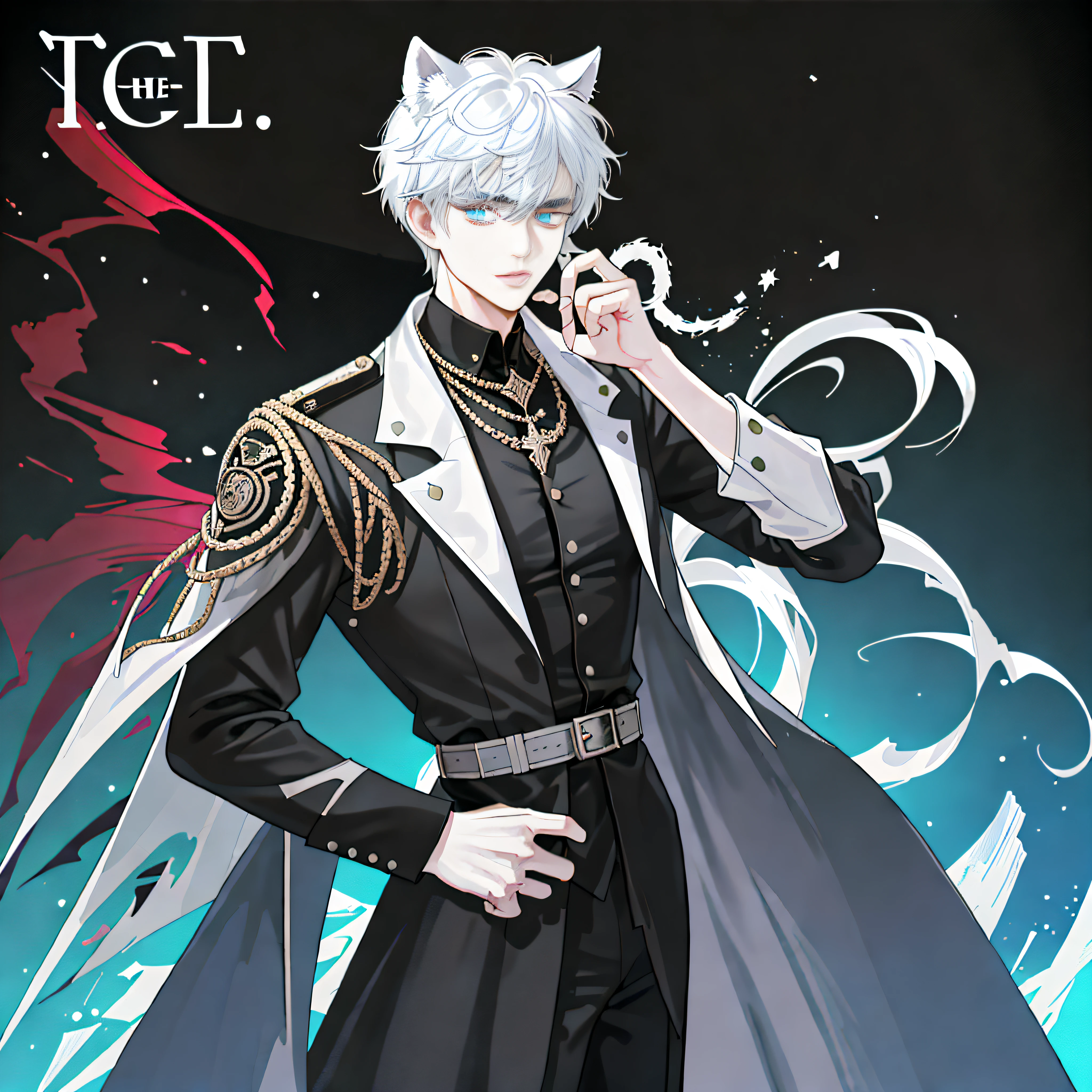 (((dramatic))), (((gritty))), (((intense)))) The movie poster features a with white hair and white animal ears as the central character. His bangs are left to cover his left eye, and he stands confidently in the center of the poster, dressed in fashion-forward clothing (black shirt, white coat) with a determined expression on his face. The background is deep blue underwater and gritty, with a sense of danger and intensity. The text is bold and eye-catching, with catchy slogans that add to the overall drama and excitement. The color palette is dominateark colors, dotted with bright colors, giving the poster a dynamic and visual impact, tachi-e (magazine:1.3), (cover-style:1.3), fashionable, woman, vibrant, outfit, posing, front, colorful, dynamic, background, element, confident, expressive, holding, statement, attachment, majestic, coiled, around, touch, scene, text, Cover, bold, eye-catching, title, fashionont, catchy, title, bigger, eyatching, modern, trendy, focused, stylish, magical, navy, underwater, bubble swirl