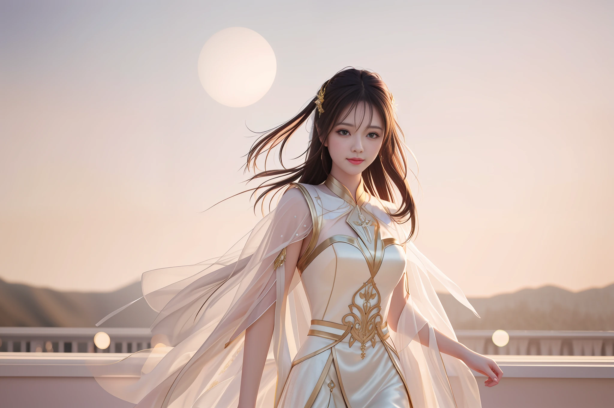 Best Quality, Masterpiece, High Resolution, 1 Girl, Blush, (Seductive Smile:0.8), Star Pupil, Beautiful Face, upon_body, Tyndall Effect, Realistic, Dark Studio, Edge Lighting, Two-tone Lighting, (High Detail Skin: 1.2), 8K Ultra HD, DSLR, Soft Lighting, High Quality, Volume Illumination, Frank, Photos, High Resolution, 4K, 8K, Bokeh, White Long Dress, Silk Texture, Translucent