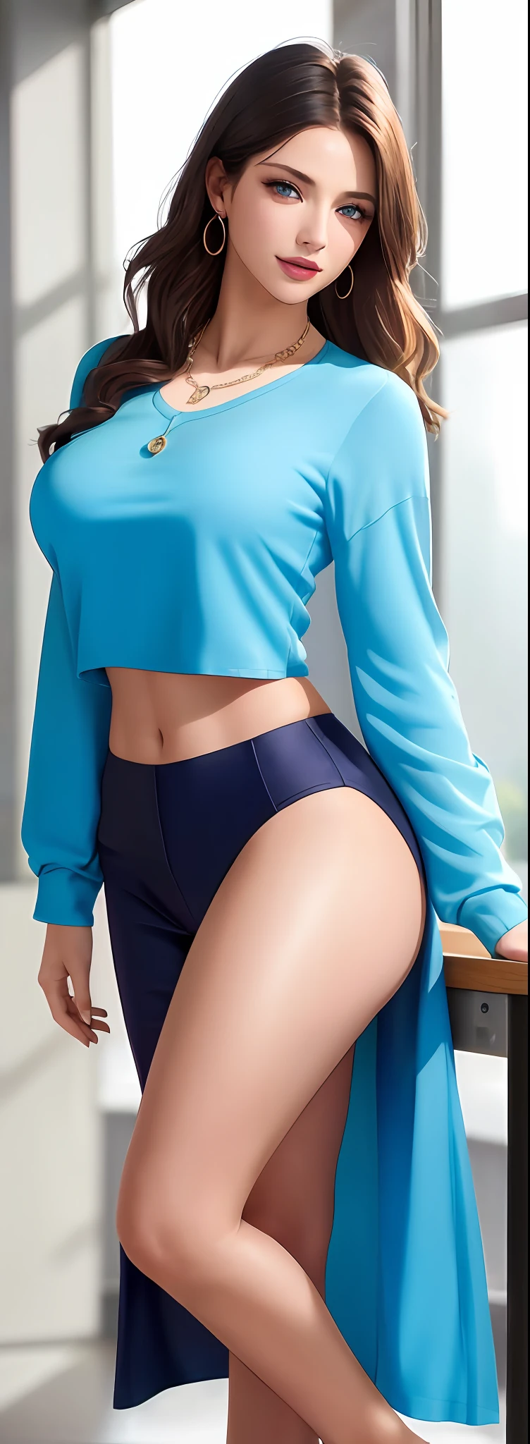 Female teacher v6 standing in the classroom, necklace, earrings, blue eyes, full body, crop top, washed geans, translucent clothes, visible, superb, ultra-high-definition, RAW photo, realism: 1.25), (bright lip gloss, long eyelashes, smooth face, light skin, natural shadows, wide light, wide light, depth of field, strong colors, subtle caustics: 0.8), smile, (big tits), v6
