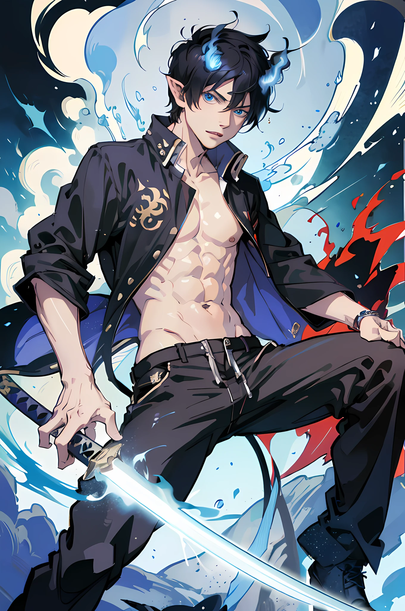 (absurdres, highres, ultra detailed, HDR), masterpiece, best quality, okumura rin, 1boy, solo, handsome, short hair, black hair, loosing t-shirt, shorts pant, flame-tipped tail, katana, surrounded by blue flame, swirl, vortex