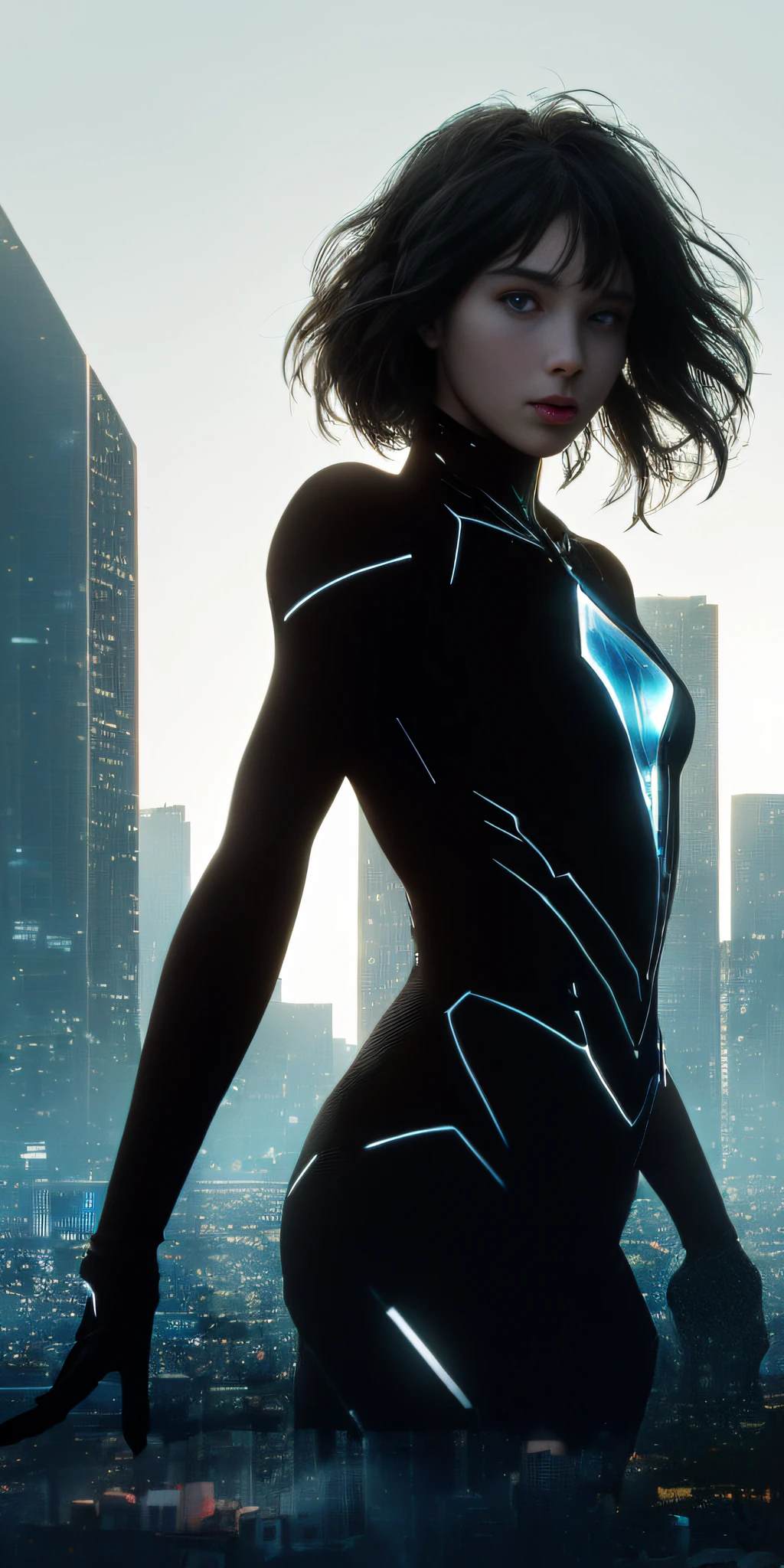 (1girl:1.3), Solo, (((Very detailed face)))), ((Very detailed eyes and face)))), Beautiful detail eyes, Body parts__, Official art, Unified 8k wallpaper, Super detailed, beautiful and beautiful, beautiful, masterpiece, best quality, original, masterpiece, super fine photo, best quality, super high resolution, realistic realism, sunlight, full body portrait, amazing beauty, dynamic pose, delicate face, vibrant eyes, (from the front), She wears Vantablack:2.9 Ultron suit, red and Vantablack:2.7 color scheme, Ultron, very detailed city roof background, rooftop, overlooking the city, detailed face, detailed complex busy background, messy, gorgeous, milky white, highly detailed skin, realistic skin details, visible pores, clear focus, volumetric fog, 8k uhd, DSLR, high quality, film grain, fair skin, photo realism, lomography, futuristic dystopian megalopolis, translucent