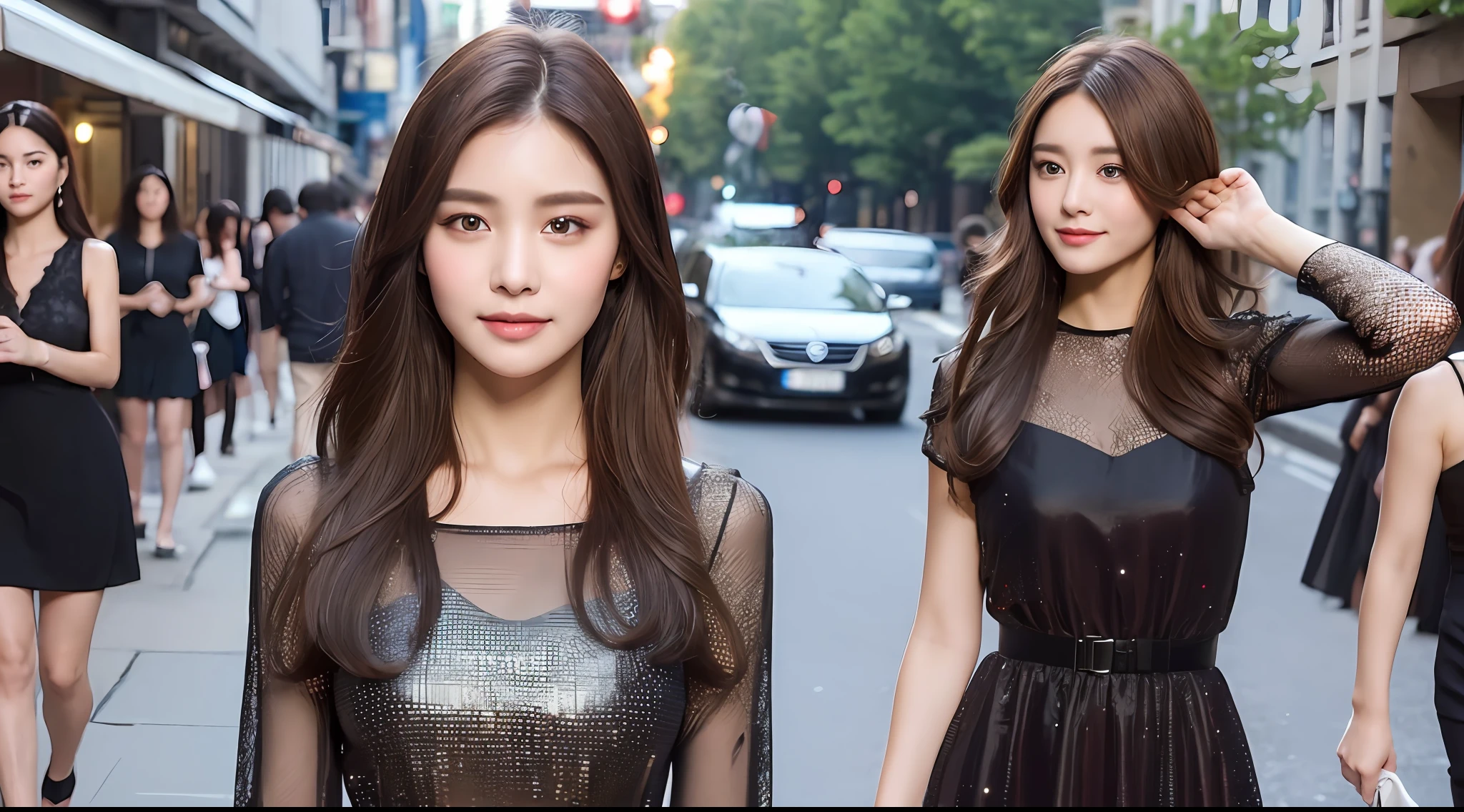 ((Best Quality, 8K, Masterpiece: 1.3)), 1 girl, smile, full body, slim face, pretty woman, (dark brown hair), full-length dress :1.1, super detailed face, detailed eyes, double eyelids, medium, blurred background, slim face, city, outside, street,