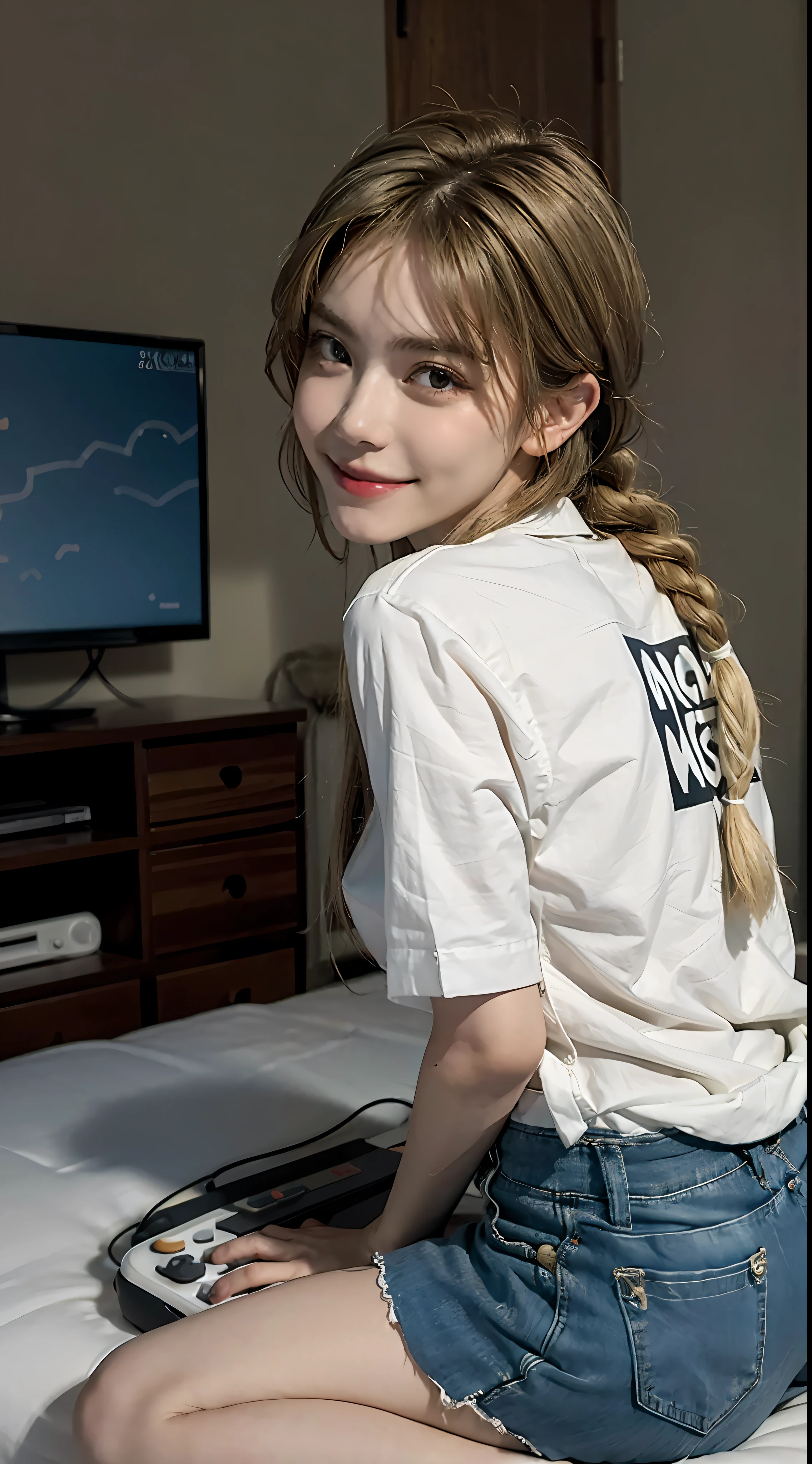 1girl, shorts, solo, solo, alone, back to the audience, indoors, bedroom, sitting on the ground, vintage console, Nintendo console, gamepad in hand, looking back at the audience, smiling, blonde, braided, white shirt