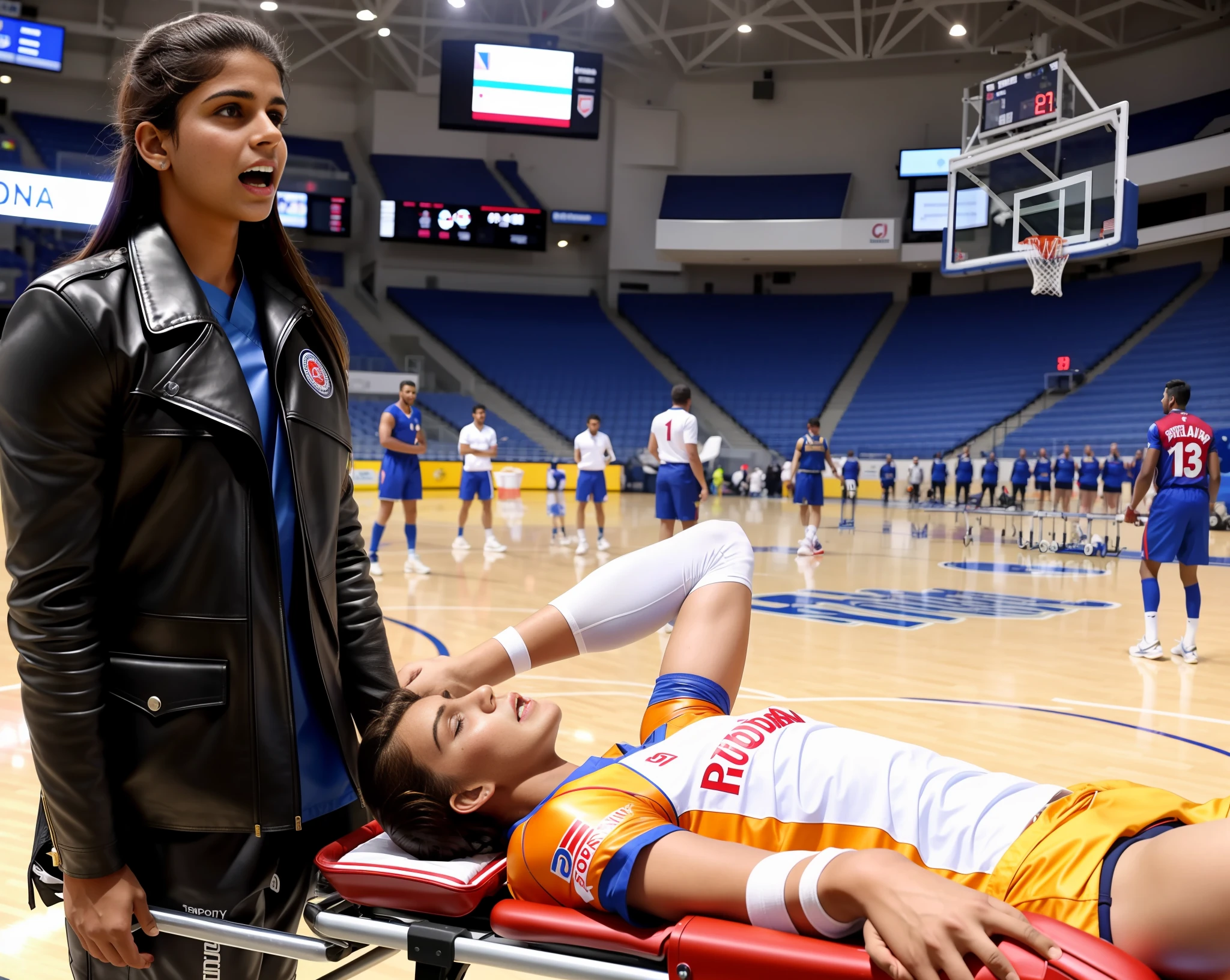 there is a man laying on a stretcher being carried by a woman, there is an injured man in a white sports dress grabbing his leg with both hands, an injured sports-star is holding his right leg with both hands, the injured athlete is screaming out in pain, injured, photo, photorealistic, photography, there is a photo of an indian teenage girl in a high-shine leather jacket who is carrying a stretcher inside a sports arena, there is a looking indian girl in high-shine leather-jacket, a horrofied crying indian girl is wearing a shiny leather-jacket, Moncler, laquered black leather jacket , there is a young blond sportsman lying on his back on a stretcher, the sportsman on the stretcher is wearing a short sports outfit, there is a stretcher that is shining because of the pvc-fabric, the sportsman om the stretcher has put both hands over his agonised face, dramatic action pose, dramatic pity pose, dramatic rescue pose, first aid, medical scene, sports injury