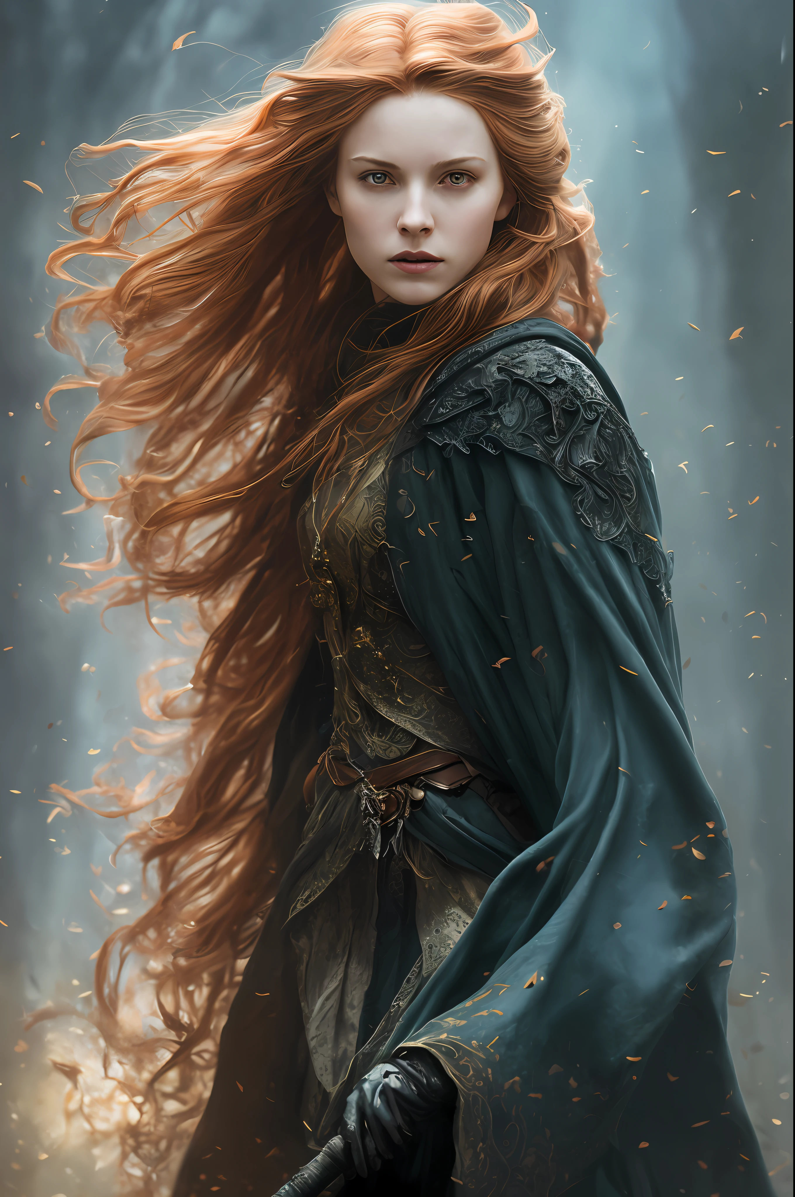 a female portrait of a hyperdetailed in the style of a dementor from harry potter and a rogue dnd character,ginger hair, (pleasant:1.3) thoughtful expression, full body, conjuring magical energy, cinematic shot on canon 5d ultra realistic skin, Fabian Perez Henry Asencio, Jeremy Mann Marc Simonetti fantasy magical horror atmosphere, (highly detailed environment:1.3)