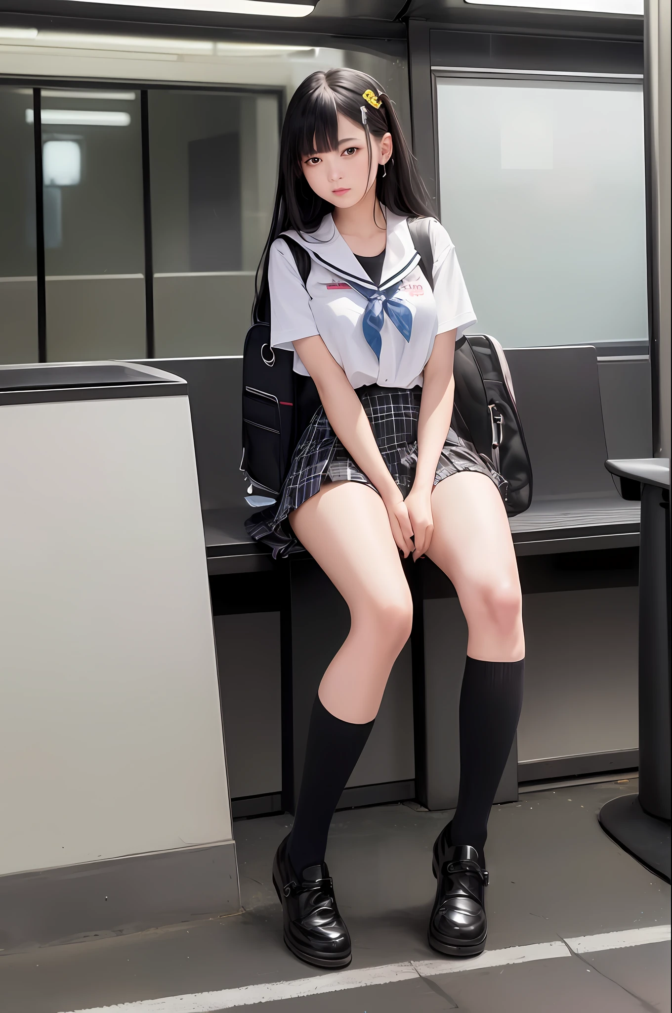 Open legs towards here (raw photo: 1.4), (photorealistic: 1.3), (masterpiece), highest quality, highest quality, highly detailed CG Unity 8k wallpaper, detailed and complex, original, hi-res, \\ 1girl,solo,(),extremelydetailed_eyes , nails, medium breasts, (eyeliner: 0.5), (cheeks: 0.5), Black Hair, Long Hair, Hair Clips, Viewer's Gaze, NSFW, 22 Year Old Gal, Student, Uniform, Sailor Color, Bobby Socks, School Bag, Skirt, Plaid, Plaid Skirt, Knee Upright, Seated, \\ Street, Subway Station, Store Border, Akihabara \(Tokyo), Shibuya\(Tokyo\), Shinjuku \(Tokyo), \\ Beautifully detailed background, depth of fieldRealistic: 1.3, (Ambient Light: 1), (Neon: 0.1), (HDR: 1), (Studio Lighting: 1.5), (Panchira: 1.5), From Bottom, Full Body,