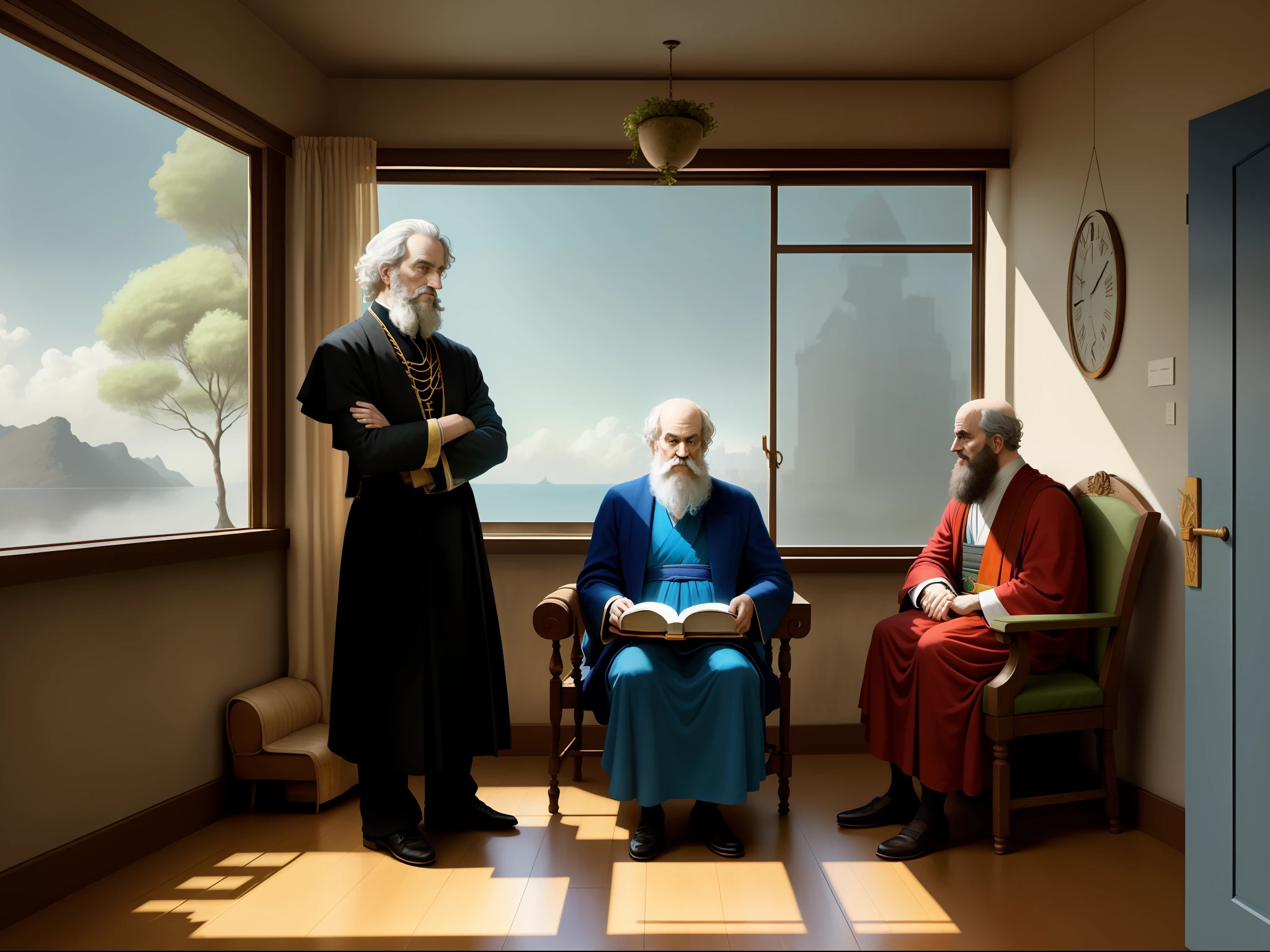 three chairs, one sitting with a monk, one with Marx and one with Plato; The monk held up the dust and wore a cassock, Marx was slightly pensive, Plato smiled as before; The sky is blue, the sunlight shines on the ground through the windows, and outside the floor-to-ceiling windows, the blue sea and blue sky, and the trees are shady.