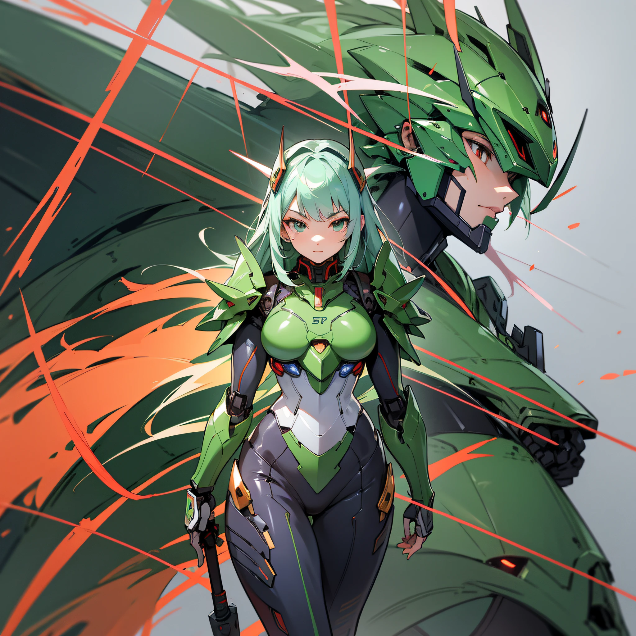 Green and red paint, close-up portrait of a person in costume with a sword, cyber japan style armor, cyber japan armor, guyver style, girl in armor, monster hunter armor, full body mecha suit, perfect anime cyborg woman, cyborg noble woman, mecha cyber armor girl, detailed full body concept, female armor, anime character. Full Body Art --auto --s2