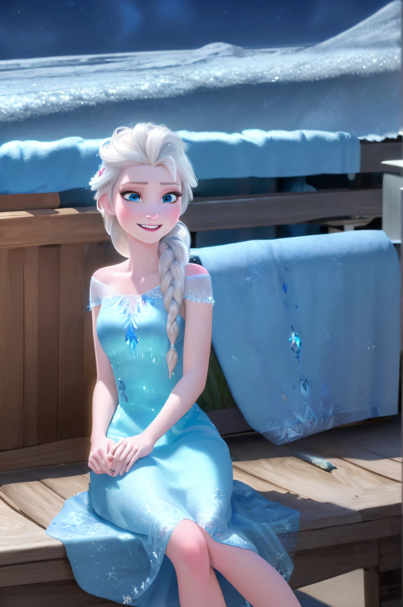 (masterpiece:1.4),(best qualit:1.4),(high resolution:1.4),elsa of arendelle, blue ice dress, single braid ,sitting,single braid,(looking at viewer:1.1),(night:1.2),couch,fireplace,smile,1girl,solo,solo focus,