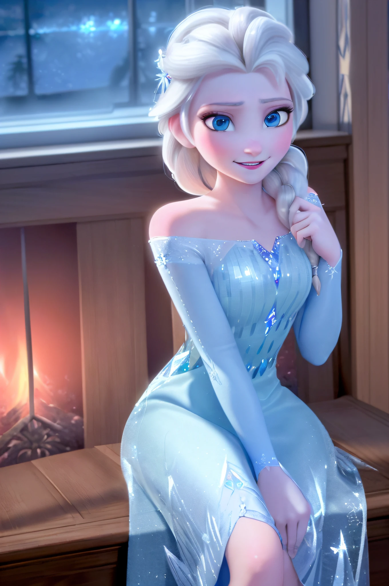 (masterpiece:1.4),(best qualit:1.4),(high resolution:1.4),elsa of arendelle, blue ice dress, single braid ,sitting,single braid,(looking at viewer:1.1),(night:1.2),couch,fireplace,smile,1girl,solo,solo focus,