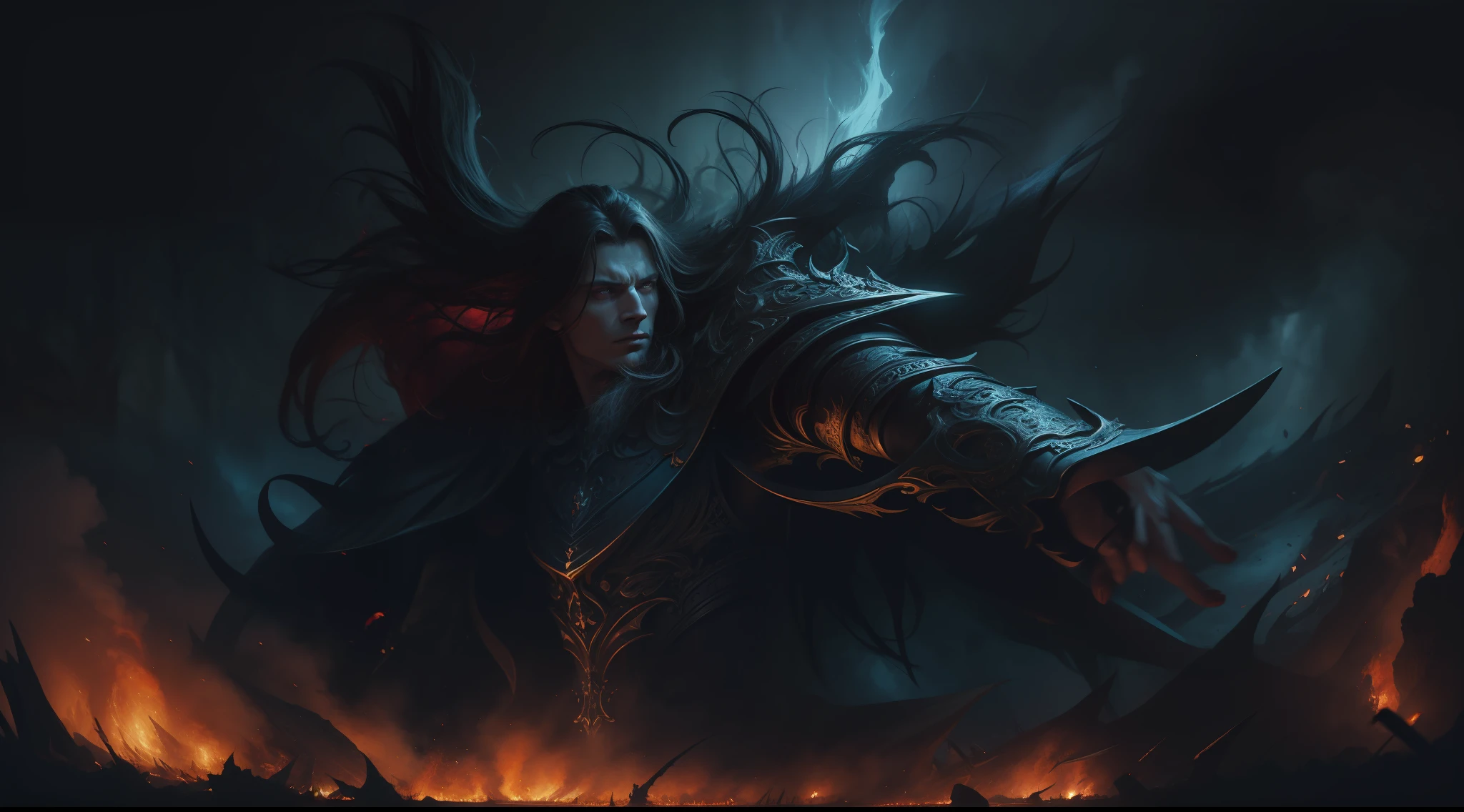 Lord of Darkness, film The Legend, vibrant, photorealistic, hyper-realism, strong impressionist painting style, 1.618, elegant, ethereal, intricate, elaborate, hyper-realism, hyper-detailed, strong expressiveness and emotionality, cinematic lighting, visual clarity