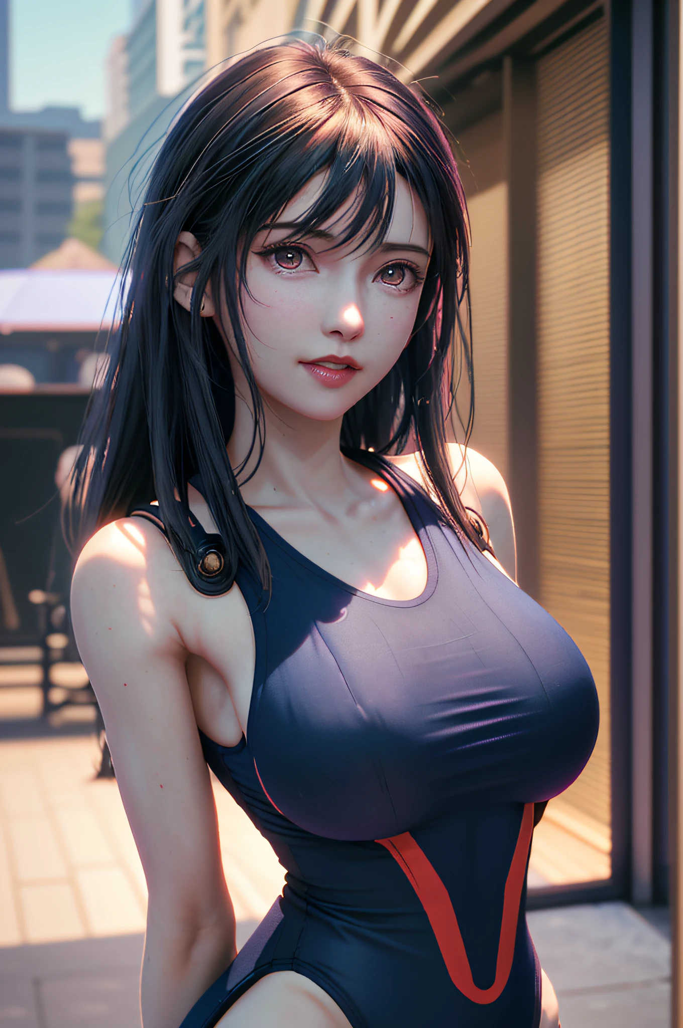 1 girl, (full body), (gigantic breasts:1.3), upper body, (realistic:1.7), ((best quality)), absurdres, (ultra high res), (photorealistic:1.6), photorealistic, octane render, (hyperrealistic:1.2), (photorealistic face:1.2), (8k), (4k), (Masterpiece), (realistic skin texture), (illustration, cinematic lighting,wallpaper), (red eyes), (beautiful eyes:1.2), ((((perfect face)))), (standing), (looking at viewer:1.2), (smile:1.3), (cute), (long hair), (((one-piece race swimsuit color is navy blue))), (one-piece race swimsuit), (arms behind back:1.4), (red lips:1.1), outdoors,