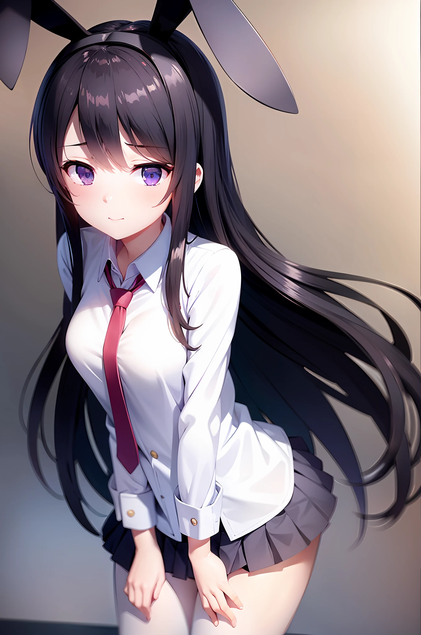 School uniform, white shirt, pantyhose, pleated skirt, tie, rabbit ears, mayijan, faint smile, mid_breats, best quality