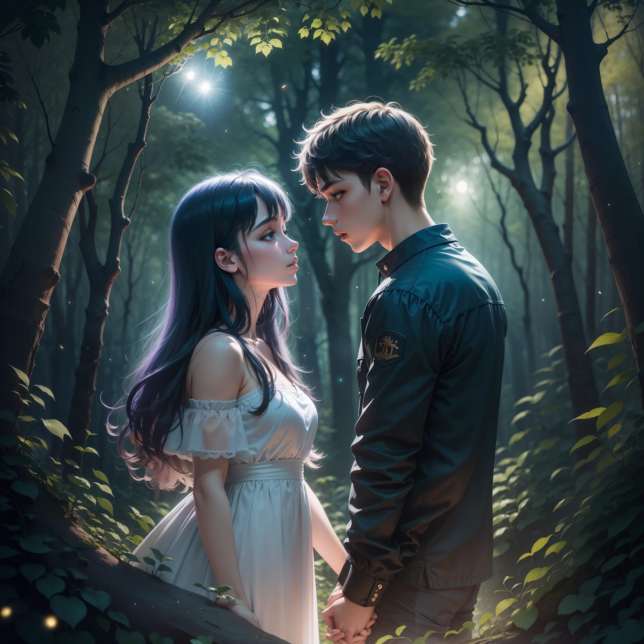 boy and girl kissing, amidst the woods, standing on an ancient rock, perfect body, beautiful face ,night, blue moon, dense forest, ultra high quality, fireflies, magical, mysterious, love, romantic, blue moon, photo realistic, silhouette, ultra hd, fireflies in the background,