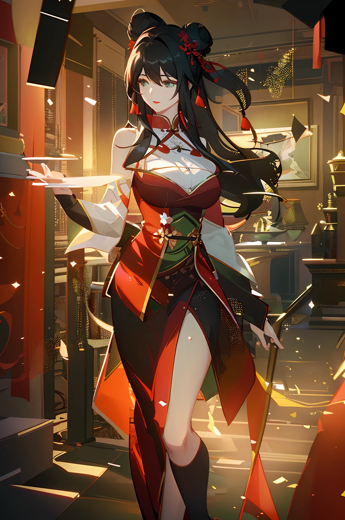A Chinese costume beauty, (red costume wedding dress: 1.4), (cave house flower candle night: 1.4), (red lips: 1.4), (long black hair, bun: 1.5), green eyes, HDR (high dynamic range), ray tracing, NVIDIA RTX, super resolution, Unreal 5, subsurface scattering, PBR textures, post-processing, anisotropic filtering, depth of field ,maximum sharpness and sharpness, multi-layer textures, albedo and highlight maps, surface shading, accurate simulation of light-material interactions, octane rendering, duotone lighting, low ISO, white balance, rule of thirds, large aperture, 8K RAW, efficient sub-pixel, subpixel convolution, (luminous particles: 1.4), {{masterpiece, best quality, extremely detailed CG, Unity 8k wallpaper, 3D, cinematic lighting, lens flare}},