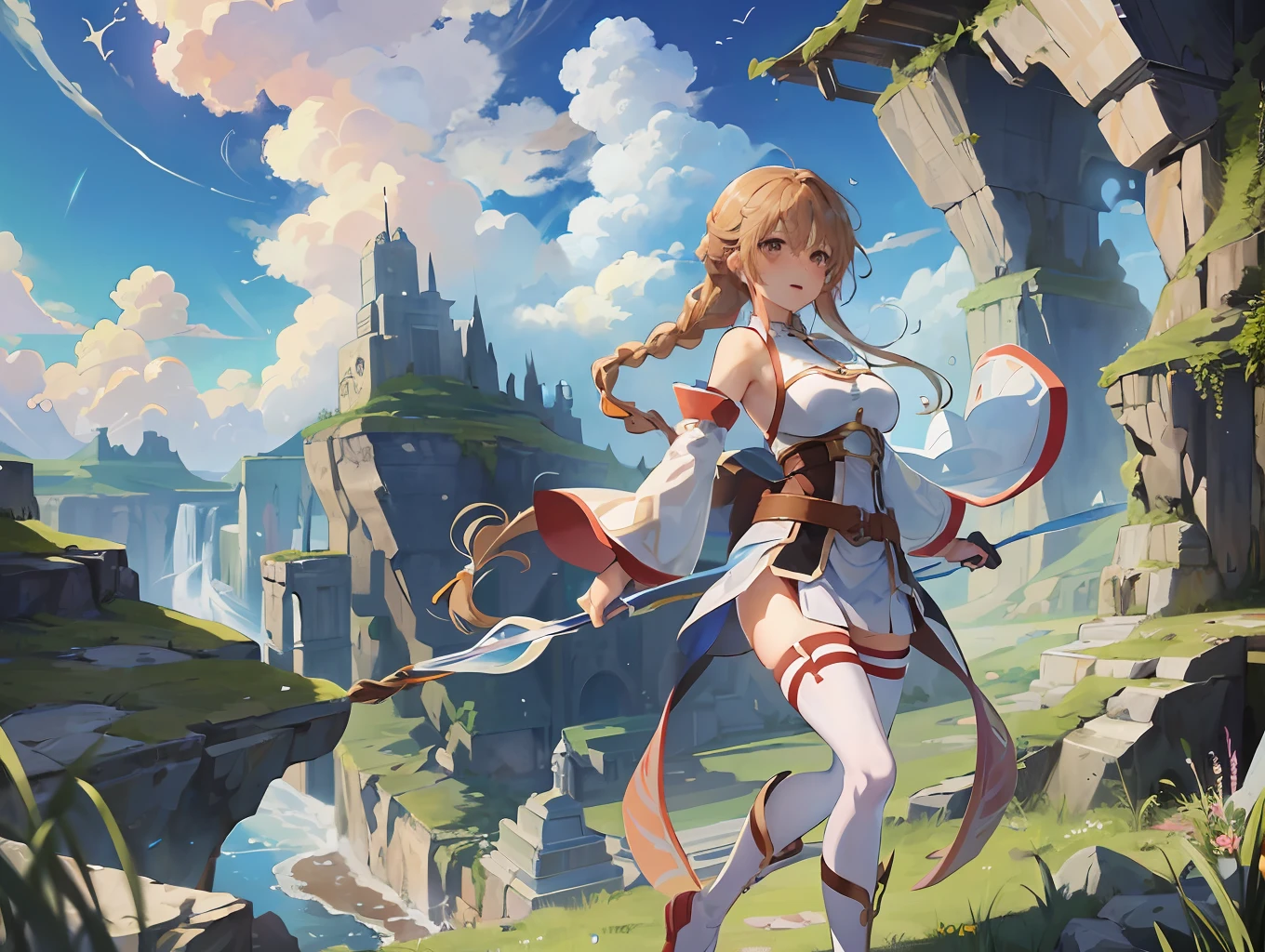 1girl, asuna_\(sao\), bangs, bare_shoulders, blue_sky, blush, boots, braid, breastplate, breasts, brown_eyes, opened_mouth, cloud, cloudy_sky, day, detached_sleeves, grass, hair_between_eyes, long_hair, looking_at_viewer, mountain, outdoors, rock, dancing, thin skirt, sky, smile, solo, , very_long_hair, big boobs,( clothes see through 1.2), Fantasy anime lighting, fantasy anime, wet clothes(wet :1.2) --auto --s2
