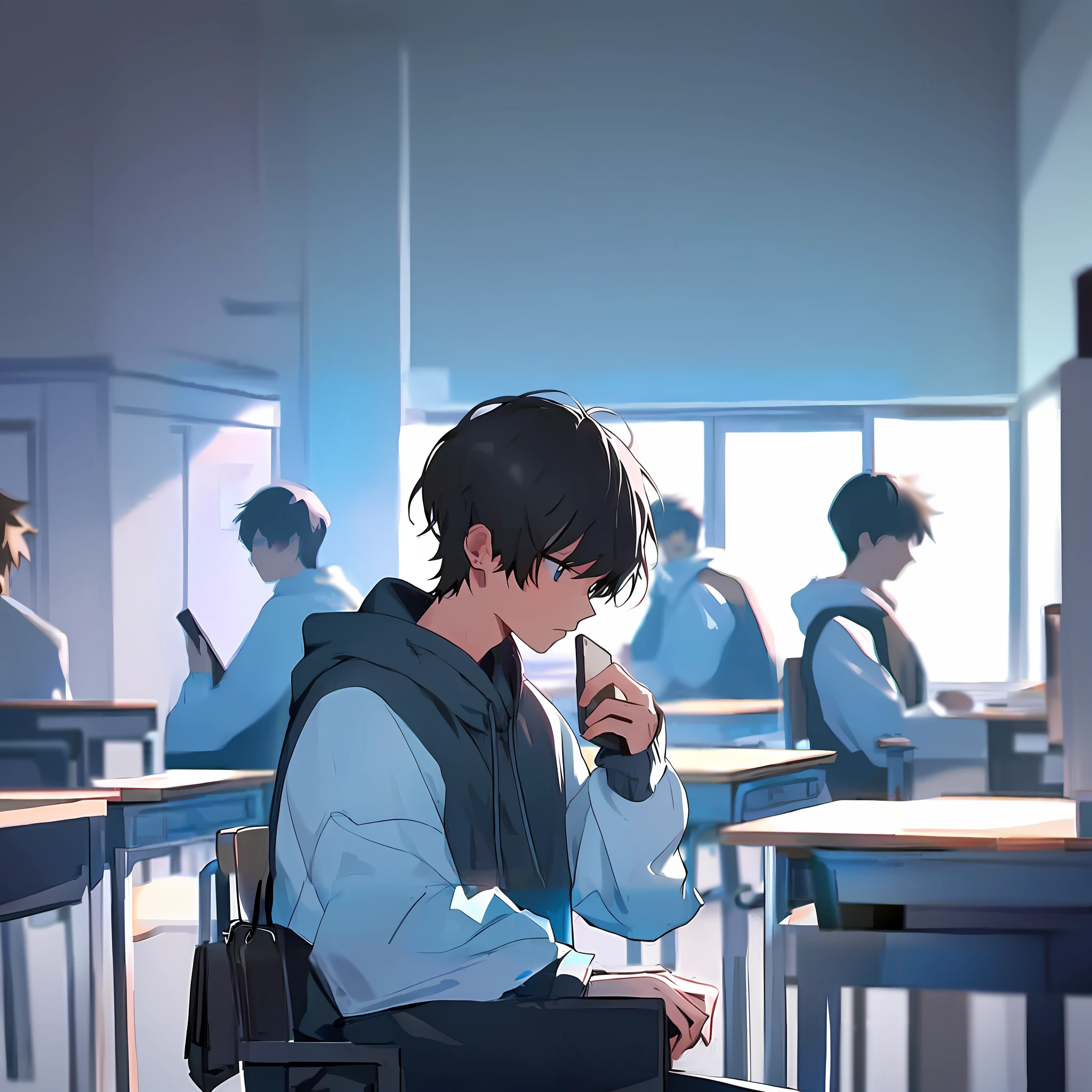 anime boy sitting in a classroom with a laptop and a book, anime art wallpaper 8 k, anime art wallpaper 4k, anime art wallpaper 4 k, standing in class, in a classroom, artwork in the style of guweiz, makoto shinkai. digital render, 4k anime wallpaper, anime wallpaper 4k, anime wallpaper 4 k, highschool background