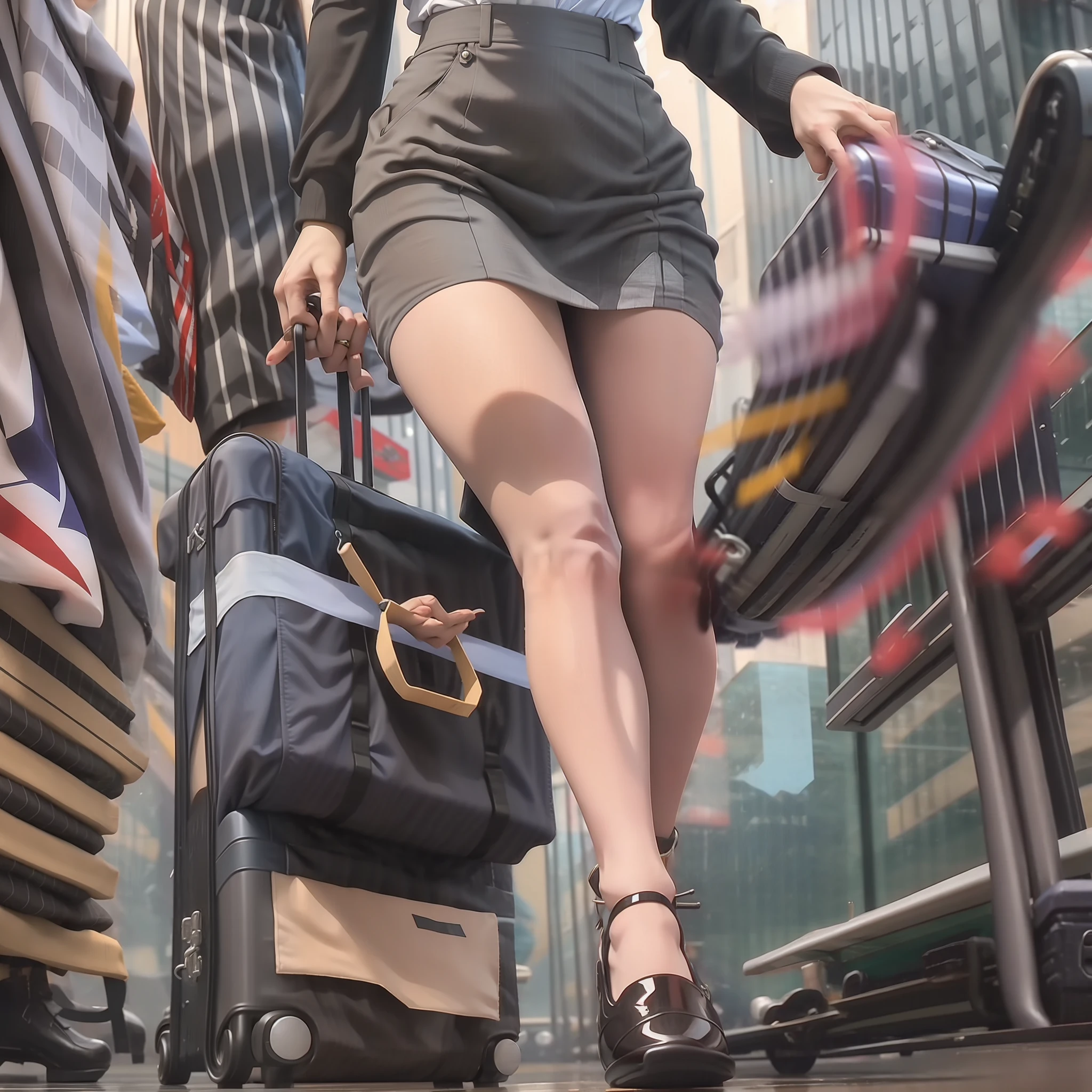 Flight attendant pulling suitcase walking, sexy flight attendant, professional wear, step skirt