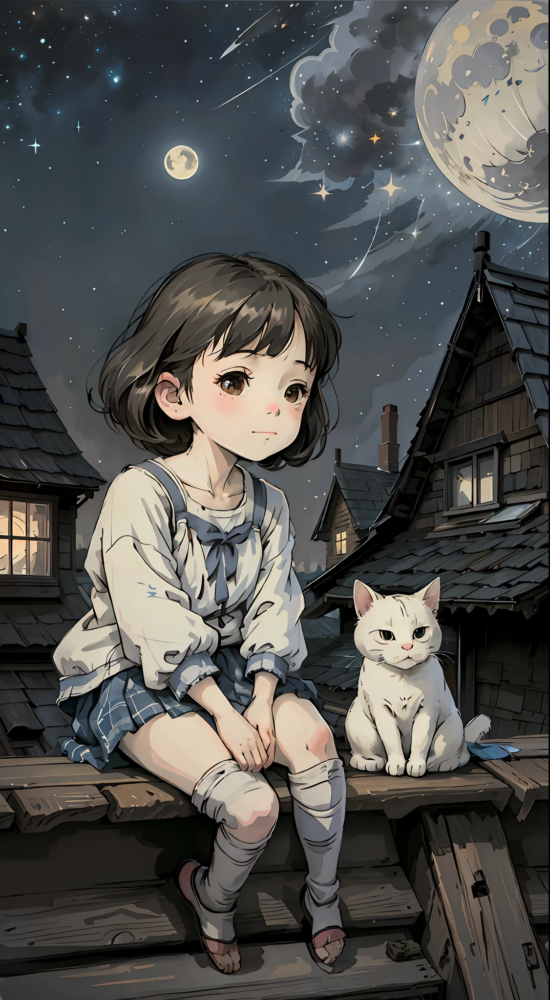 Anime girl sitting on wooden bench with a cat and a moon in the sky, anime visuals of cute girls, digital anime illustrations, beautiful anime art style, anime style illustrations, anime style. 8k, soft anime illustration, official art, anime illustration, art style in bovot, Ghibli anime style, anime art style, black hair, smile, Ghibli-like color, UHD