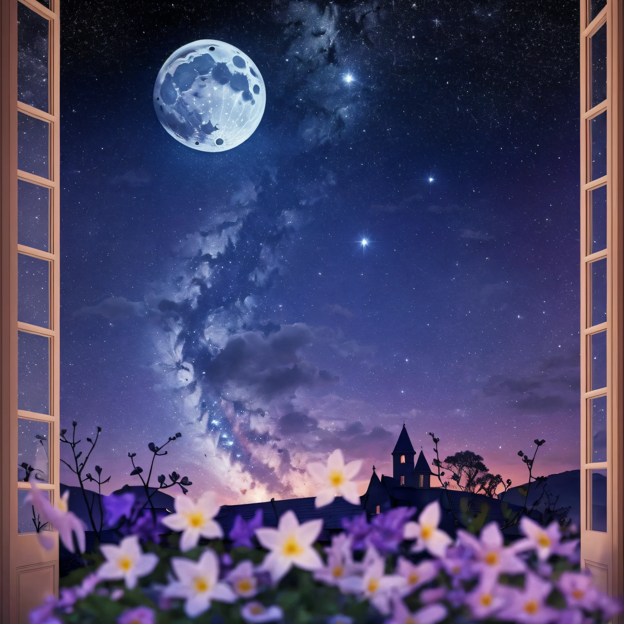 (An extraordinary picture) The moonlight is enchanting, the light is glowing, (one or more) picking the stars and window flowers, (from different angles) watching the moonscape, (a piece) silence, under the (dark) sky, (beautiful and unforgettable) night view, (indulgently) enjoying this beautiful view! --auto --s2