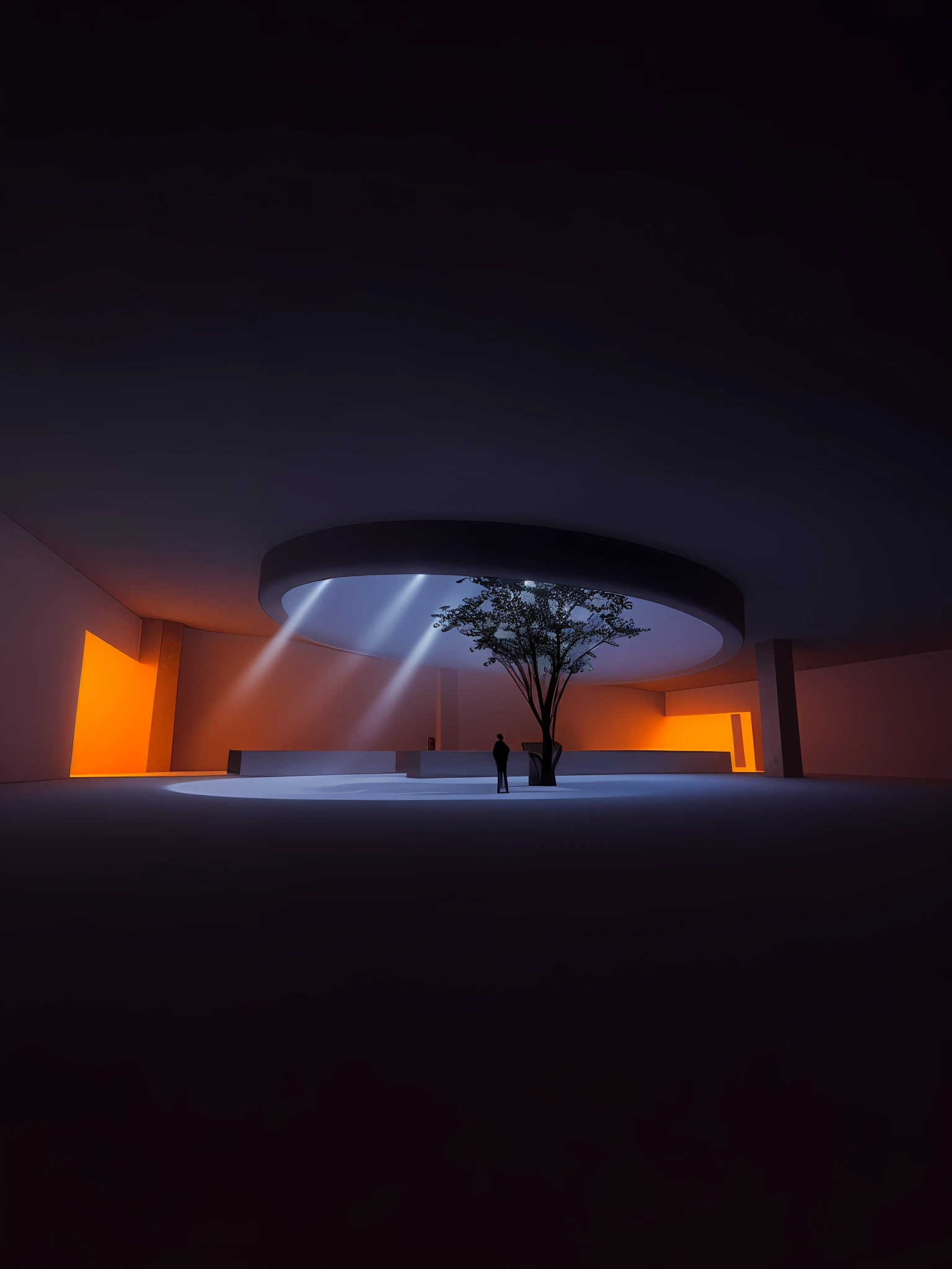 There is a tree in the room with a skylight on it, diffuse lighting for the museum, 3D rendering with good light, uniform lighting for 3D rendering, dramatic lighting rendering, dramatic lighting. Concept art, background is a low light museum, volumetric light, surreal, volumetric lighting futuristic, render lighting, volumetric lighting. Fantasy. Volumetric lighting