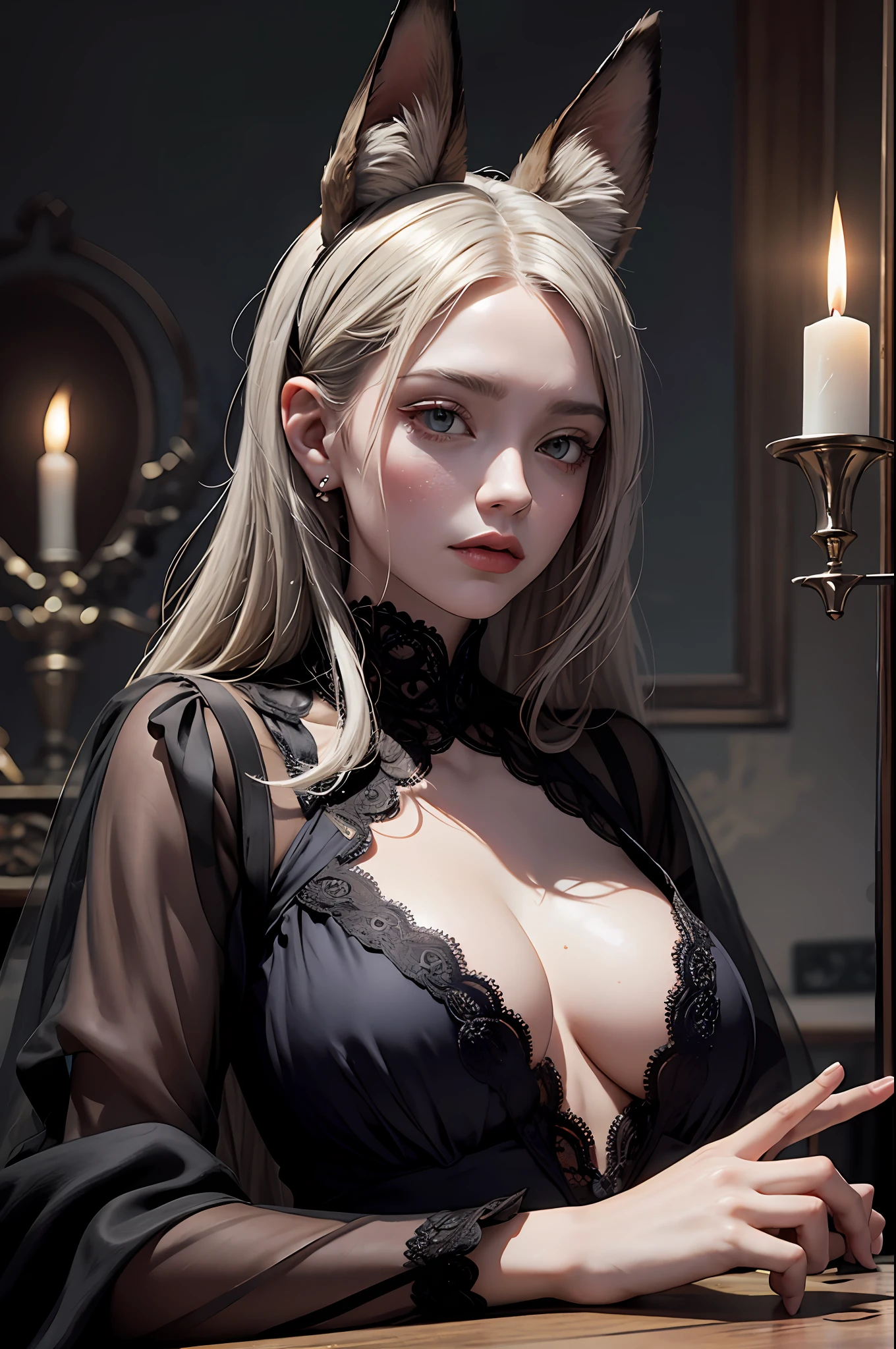 official art, Unity 8k wallpaper, super detailed, beautiful, beautiful, masterpiece, top quality, too classy, unrivaled, alchemist, alchemy in alchemy, darkness, atmosphere, mystery, romanticism, erotic, creepy, literature, art, fashion, Victorian, decoration, complexity, silverware, lace, contemplation, emotional depth, supernatural, one girl, fox ears, solo, neck, Portrait composition