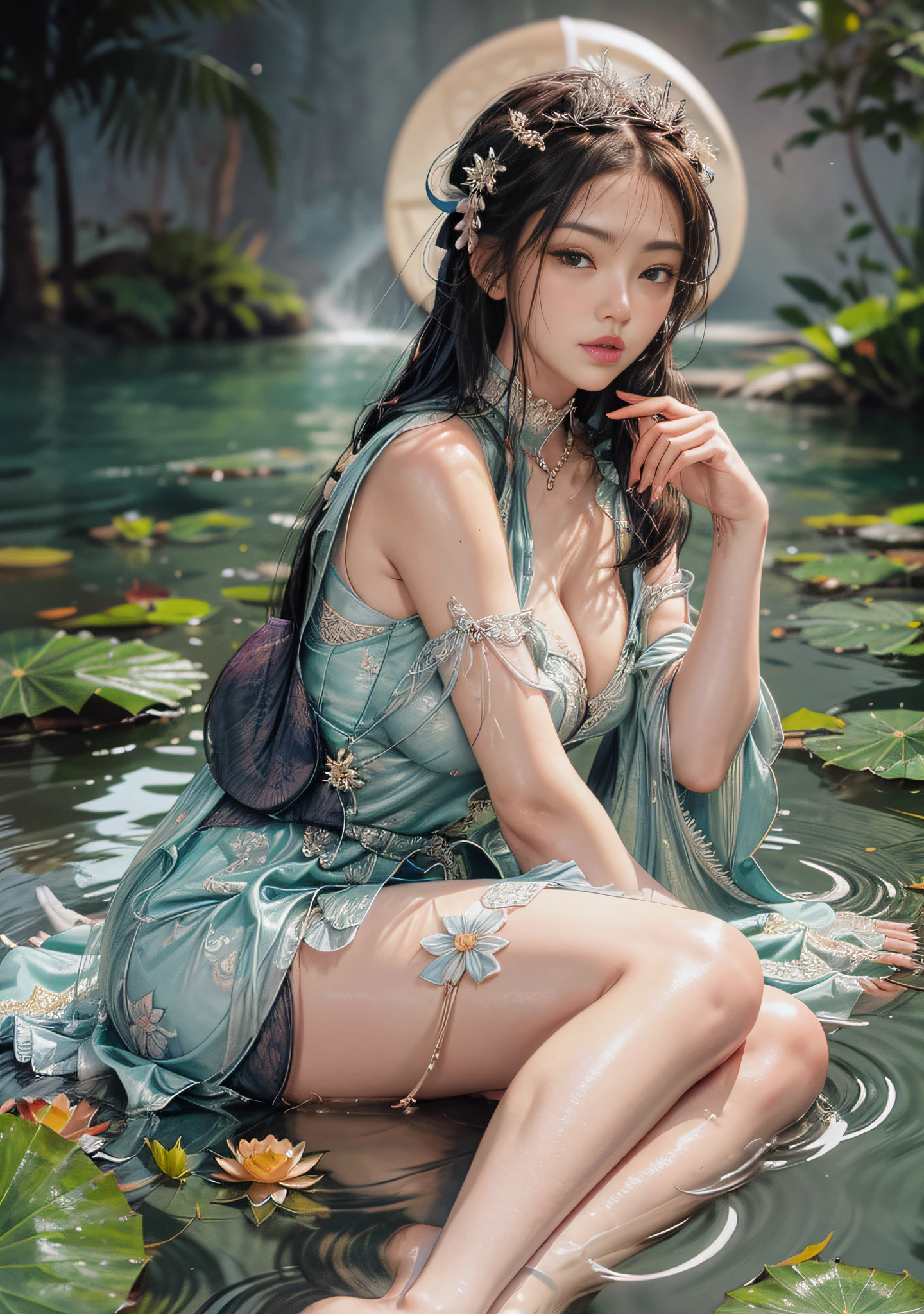 Lying on the shore of a lake full of lotus flowers, feet playing in the water, art depicts a charming woman with 2 hands, 2 legs, delicate face, normal face, wearing a flowing, silky traditional oriental dress, long, taro purple, decorated with intricate patterns and bright colors. Her dress drapes elegantly over her curvy figure, accentuating her seductive silhouette. She sits gracefully by the tranquil lotus lake, her feet playing in the water, bathed in the soft glow of the moonlight. The scene exudes an ethereal and dreamy atmosphere, with a touch of mystery and sexiness. The graphic style blends watercolor and digital illustration techniques to evoke a refined beauty and charm. The lights are filled with soft moonlight, casting soft highlights and shadows on her charming features. Bare thighs, big breasts, three-dimensional facial features, sitting, upturned legs, side braids