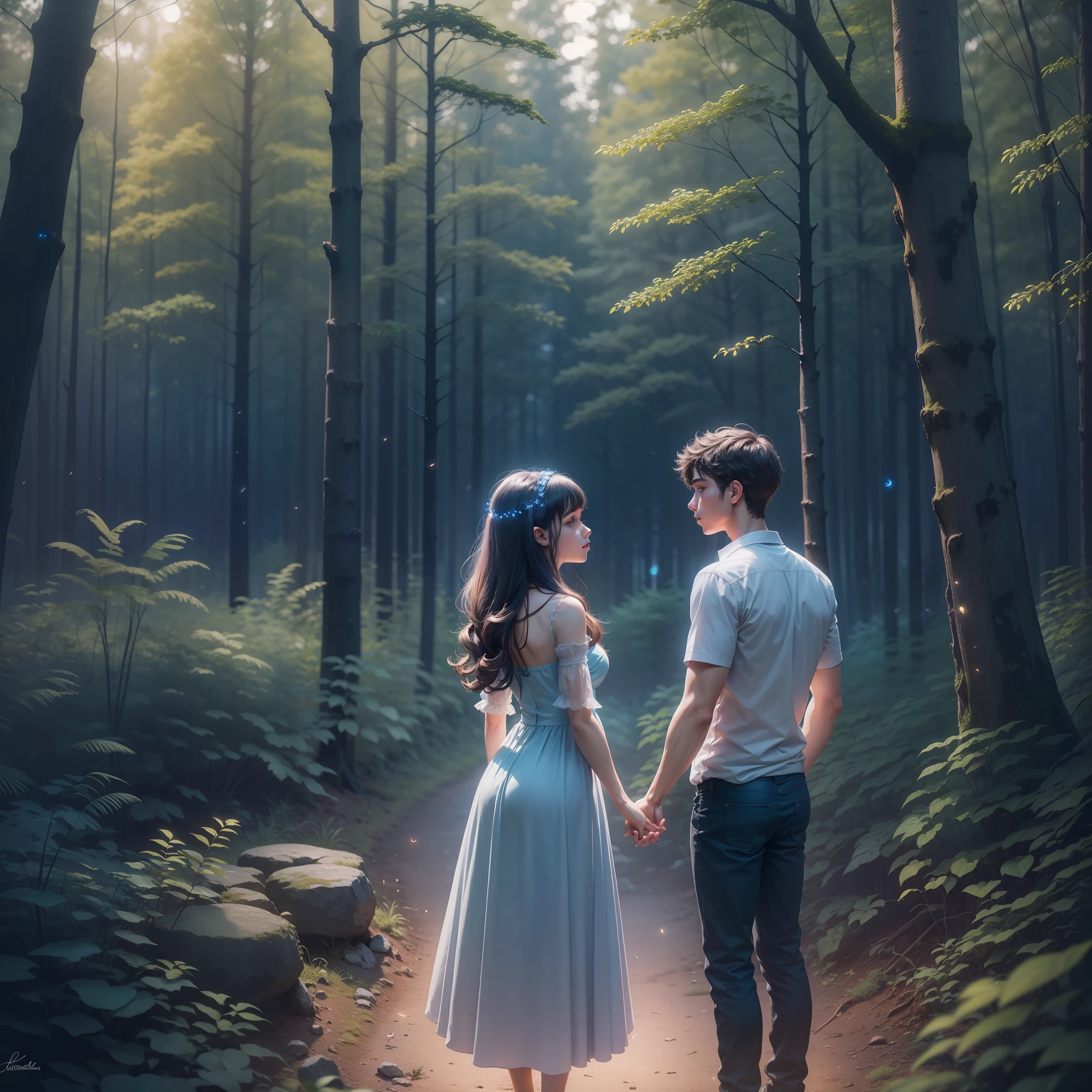 boy and girl kissing, amidst the woods, standing on an ancient rock, perfect body, beautiful face ,night, dark night, blue moon, dense forest, ultra high quality, fireflies, magical, mysterious, love, romantic, blue moon, photo realistic, silhouette, ultra hd, fireflies in the background,