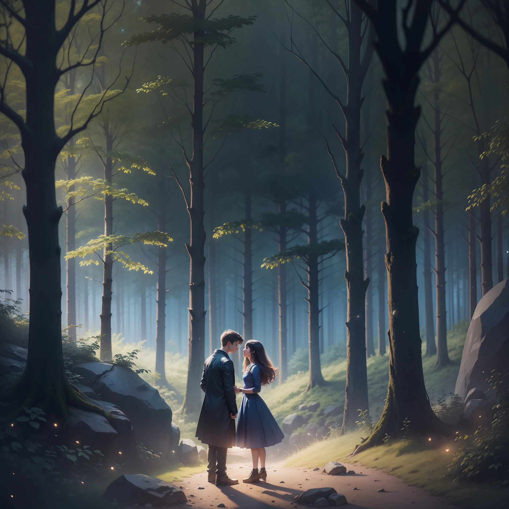 age boy and girl kissing, amidst the woods, standing on an ancient rock, perfect body, beautiful face ,night, dark night, blue moon, dense forest, ultra high quality, fireflies, magical, mysterious, love, romantic, blue moon, photo realistic, silhouette, ultra hd, fireflies in the background,