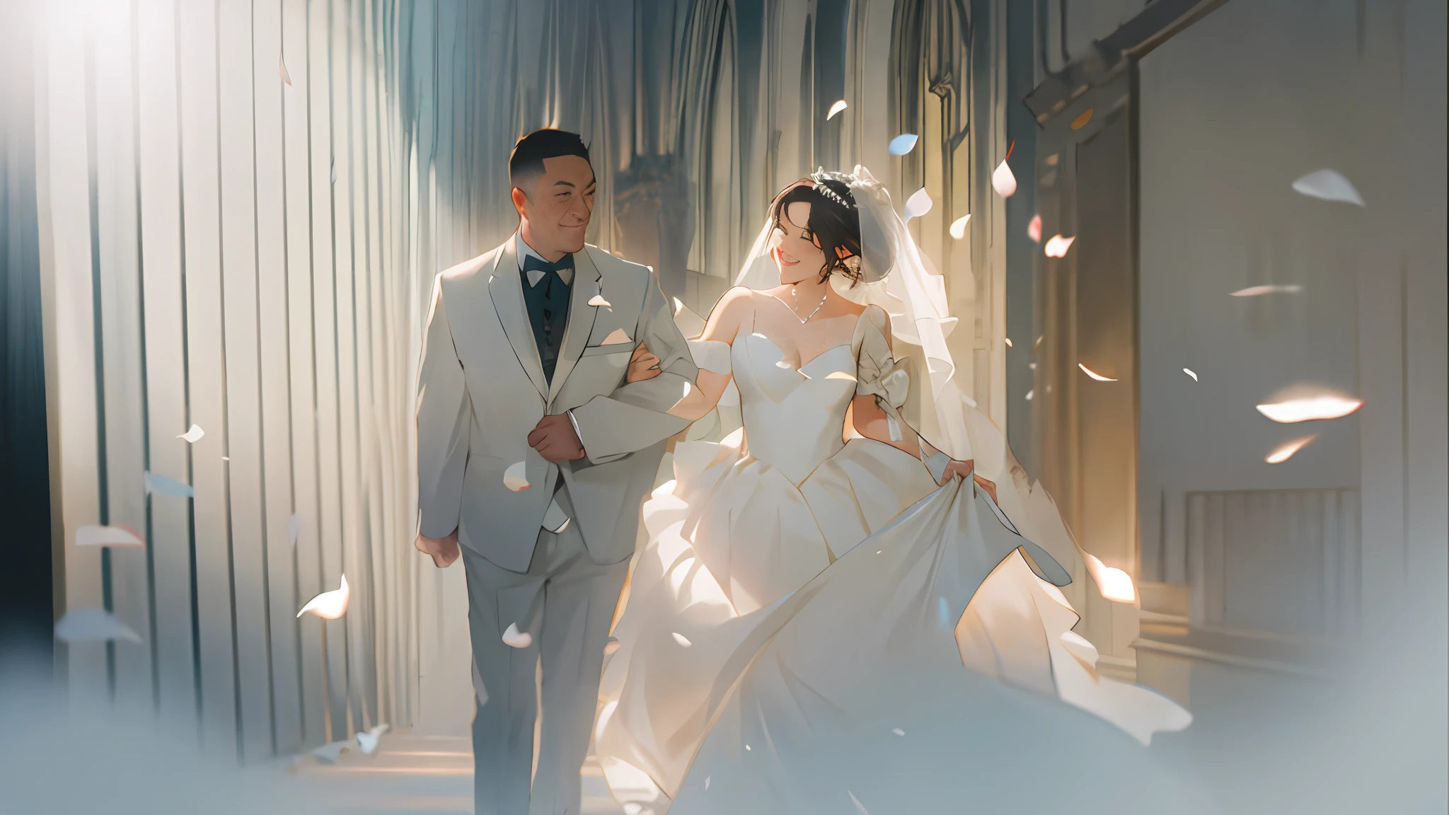 Gray stage background, bride and groom wearing a white petal, chasing light hitting the bride and groom, wedding photos, luxurious wedding