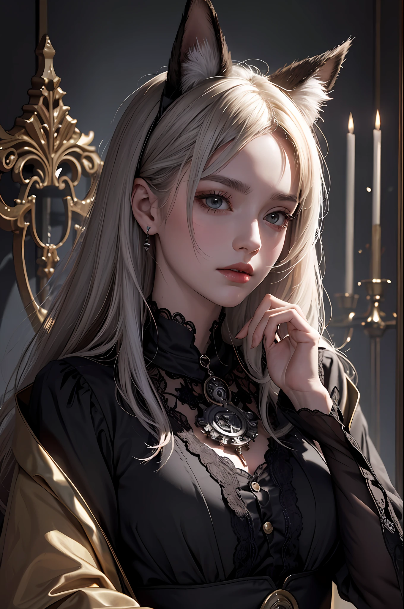 official art, Unity 8k wallpaper, super detailed, beautiful, beautiful, masterpiece, top quality, too classy, unrivaled, alchemist, alchemy in alchemy, darkness, atmosphere, mystery, romanticism, erotic, creepy, literature, art, fashion, Victorian, decoration, complexity, silverware, lace, contemplation, emotional depth, supernatural, one girl, fox ears, solo, neck, Portrait composition