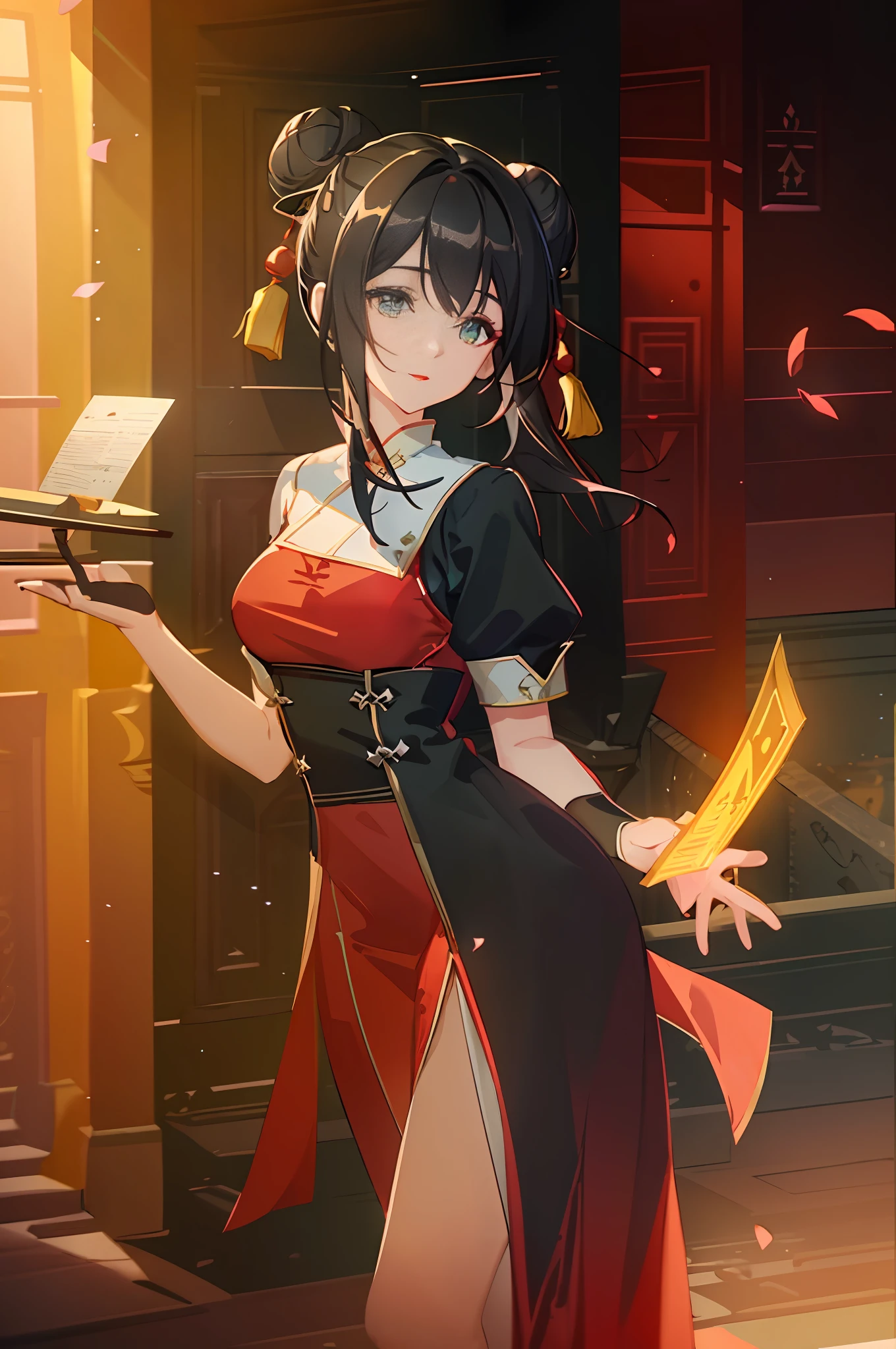 A Chinese costume beauty, (red costume wedding dress: 1.4), (cave house flower candle night: 1.4), (red lips: 1.4), (long black hair, bun: 1.5), green eyes, HDR (high dynamic range), ray tracing, NVIDIA RTX, super resolution, Unreal 5, subsurface scattering, PBR textures, post-processing, anisotropic filtering, depth of field ,maximum sharpness and sharpness, multi-layer textures, albedo and highlight maps, surface shading, accurate simulation of light-material interactions, octane rendering, duotone lighting, low ISO, white balance, rule of thirds, large aperture, 8K RAW, efficient sub-pixel, subpixel convolution, (luminous particles: 1.4), {{masterpiece, best quality, extremely detailed CG, Unity 8k wallpaper, 3D, cinematic lighting, lens flare}},