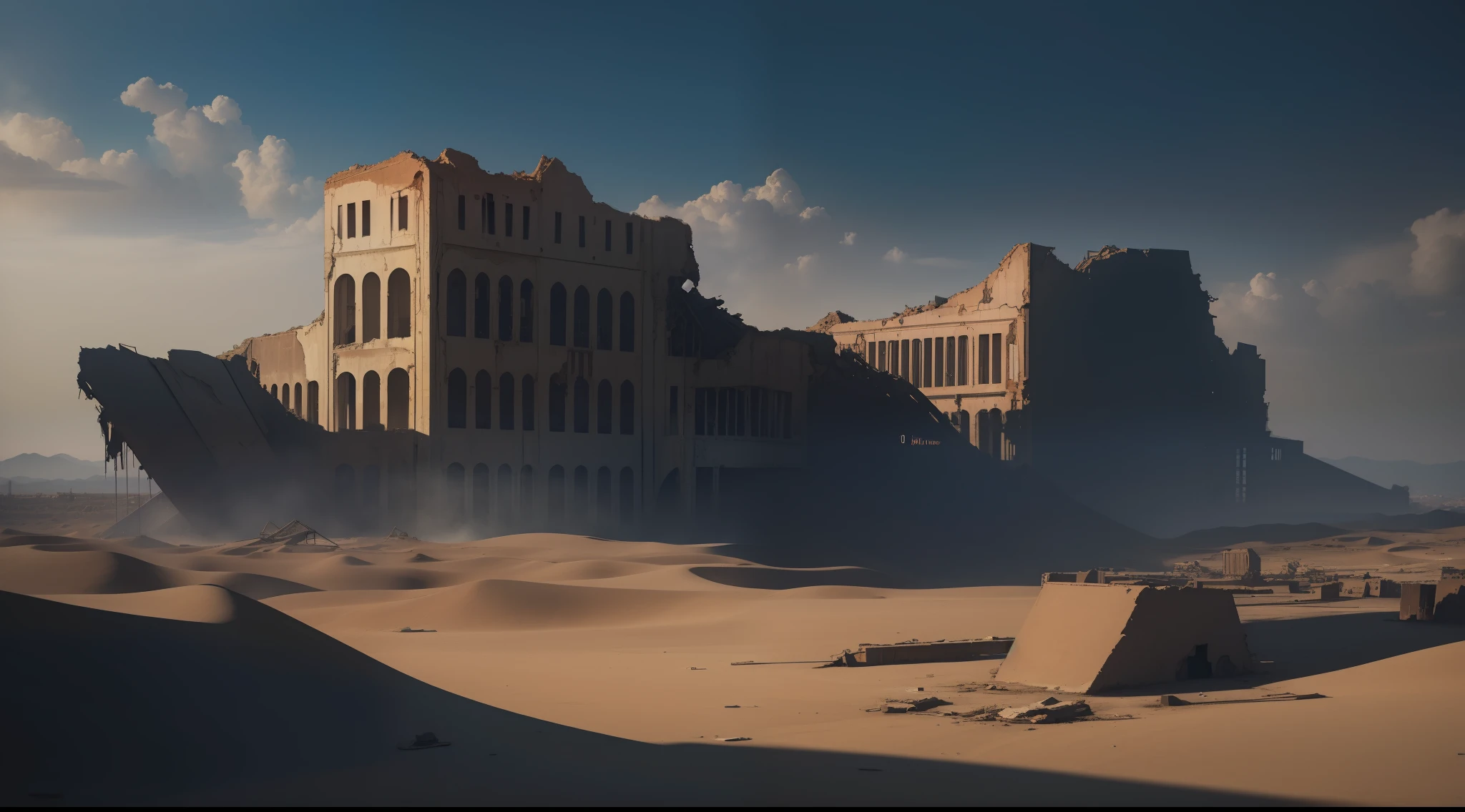 panoramic view, abandoned city, destroyed, ruined buildings, in the desert, sand, vibrant, photorealistic, hyperrealism, strong impressionist painting style, 1.618, elegant, ethereal, intricate, elaborate, hyper-realism, hyper-detailed, strong expressiveness and emotionality, cinematic lighting, visual clarity